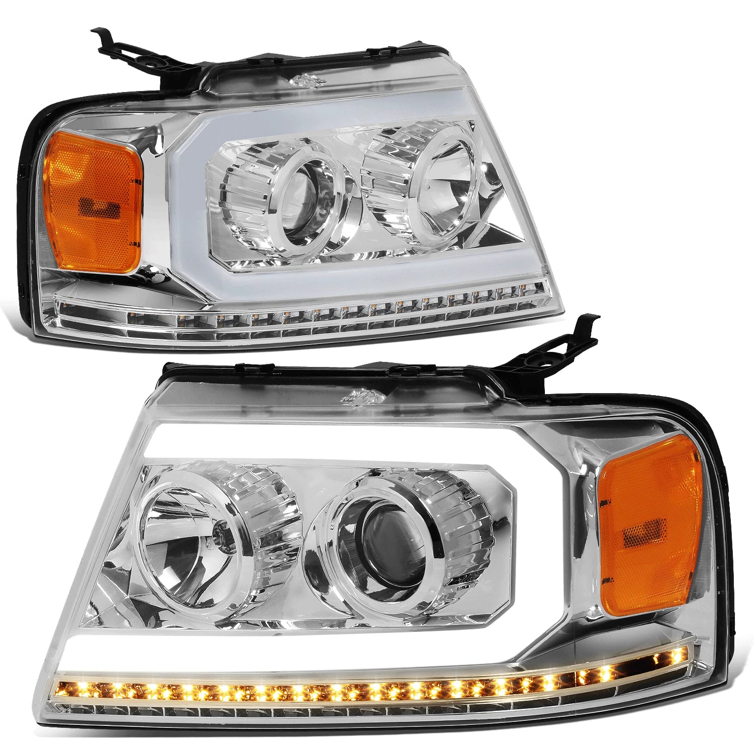 Chrome Amber LED DRL Sequential Signal Projector Headlights for Ford F150 (2004–2008)