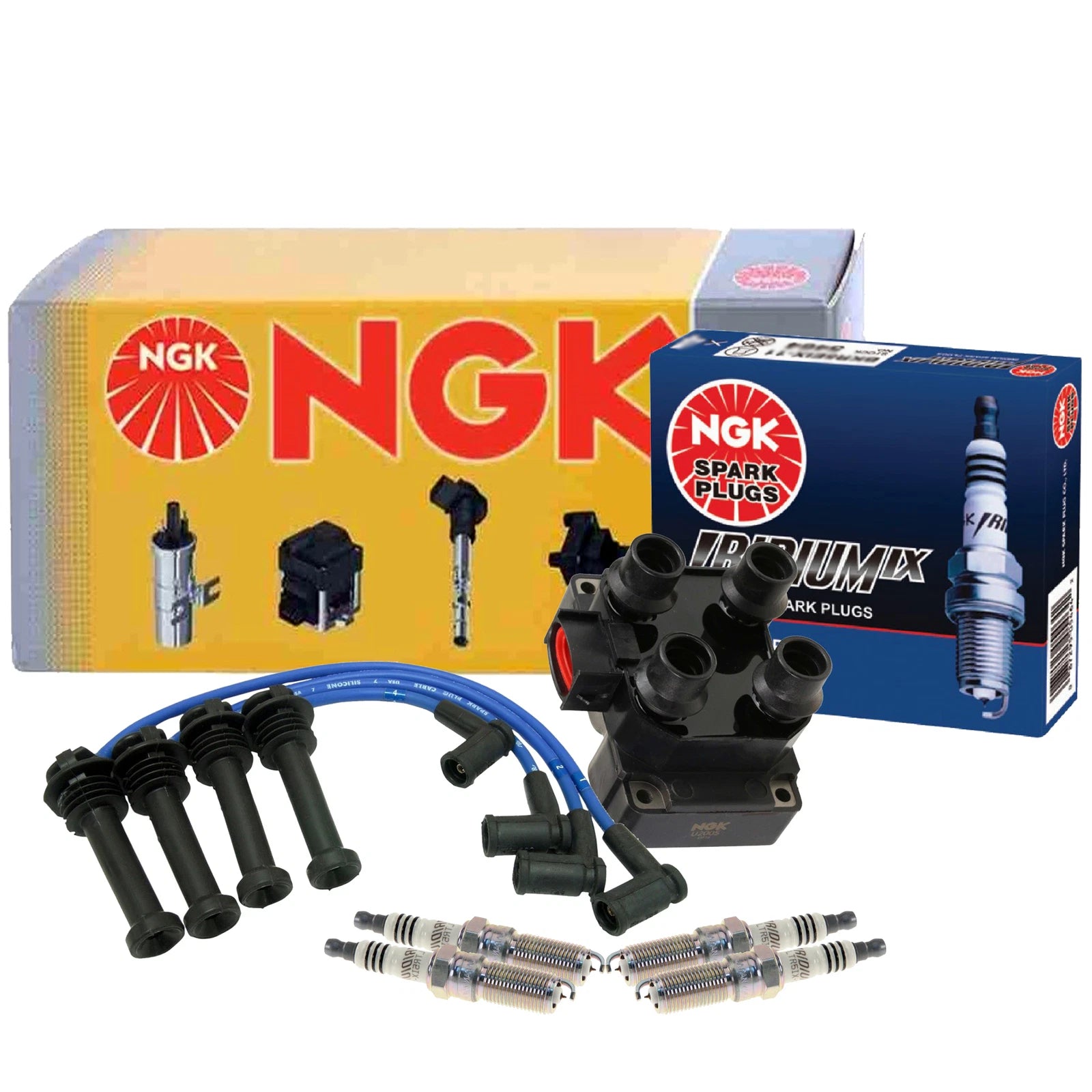 Set of 4 NGK DIS Ignition Coil Wires & Iridium IX Spark Plugs for Ford Mercury (2.0 L4)