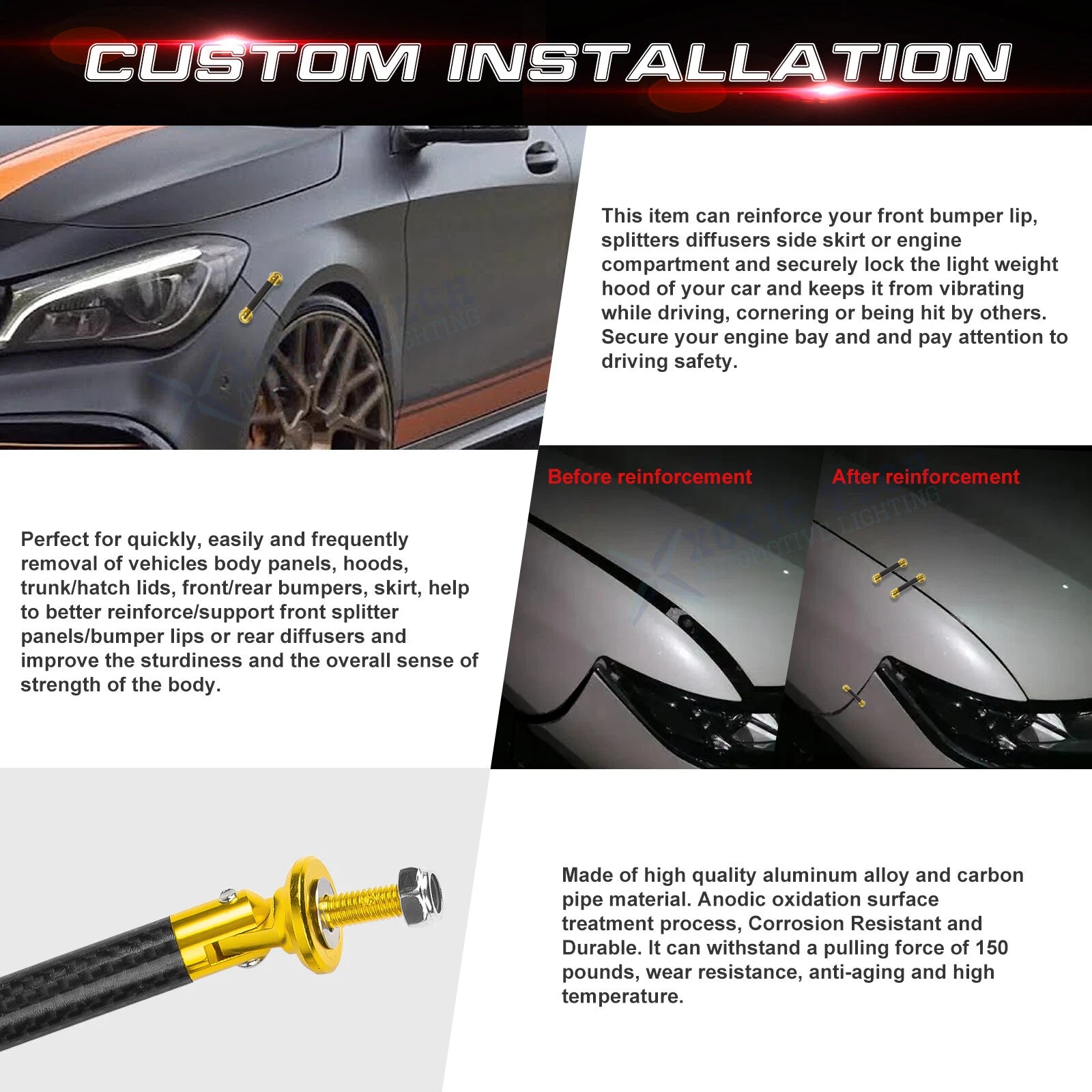 Front Bumper Lip Splitter Adjustable Support Rod Gold Tone for Model (YYYY-YYYY)