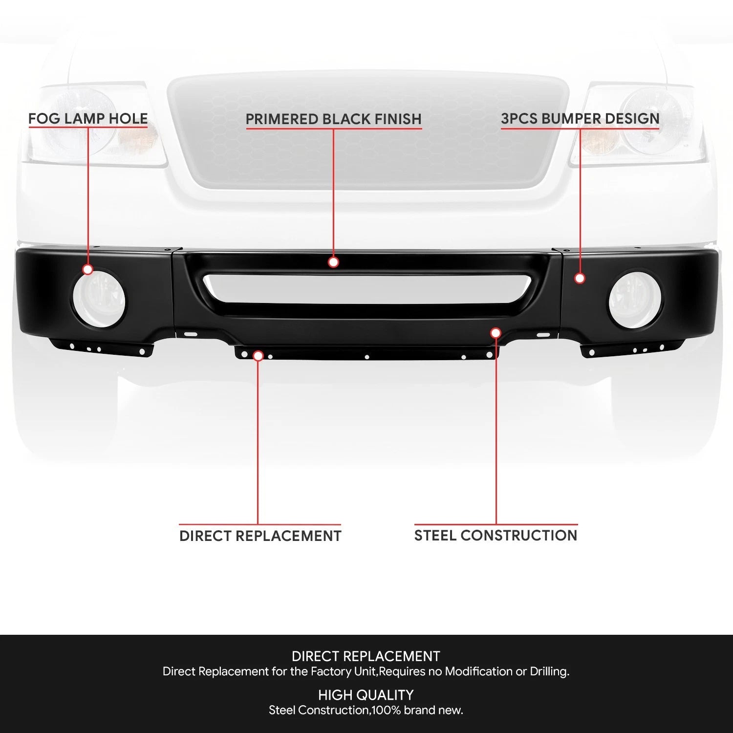 Front Bumper Face Bar for Ford F-150 (2006–2008) - Primered Black, Fog Light Holes