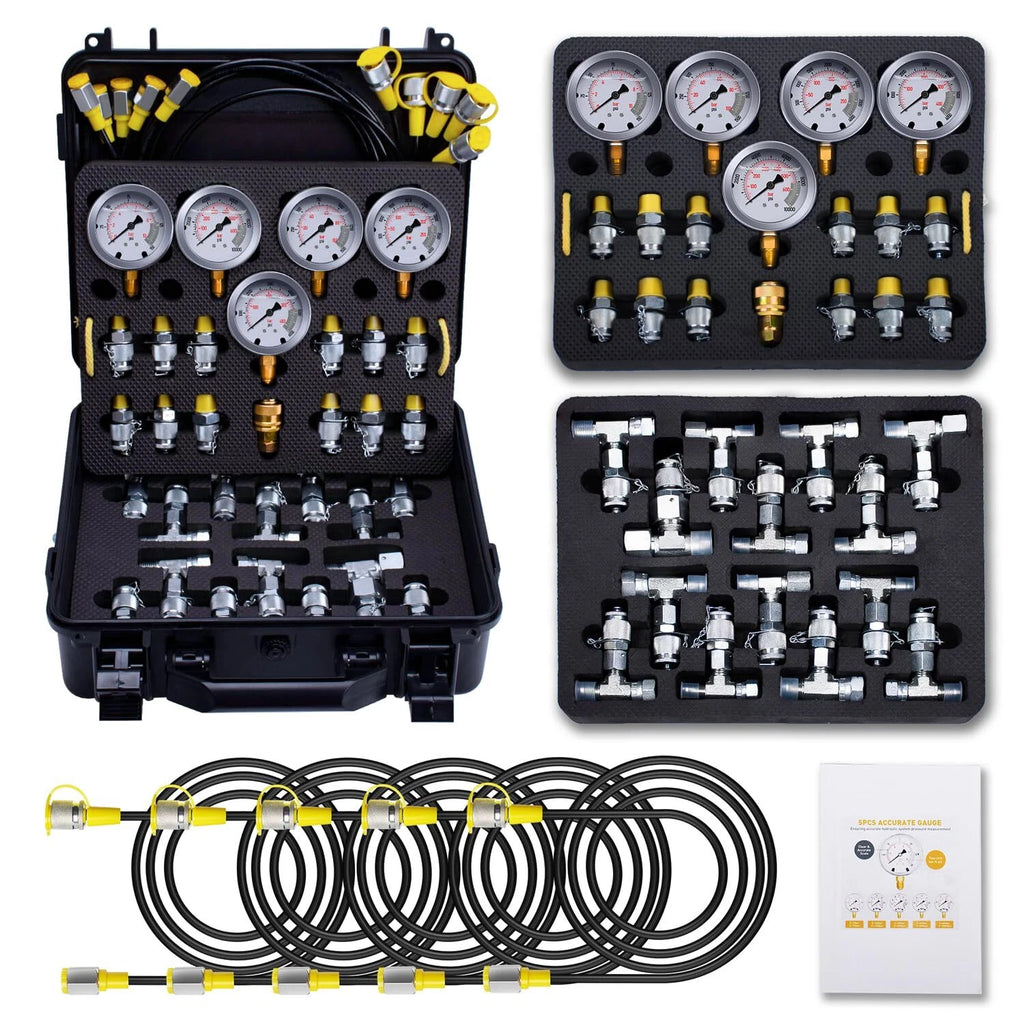 Hydraulic Pressure Test Kit with 5 Gauges, 13 Couplings, 14 Tee Connectors, 5 Hose