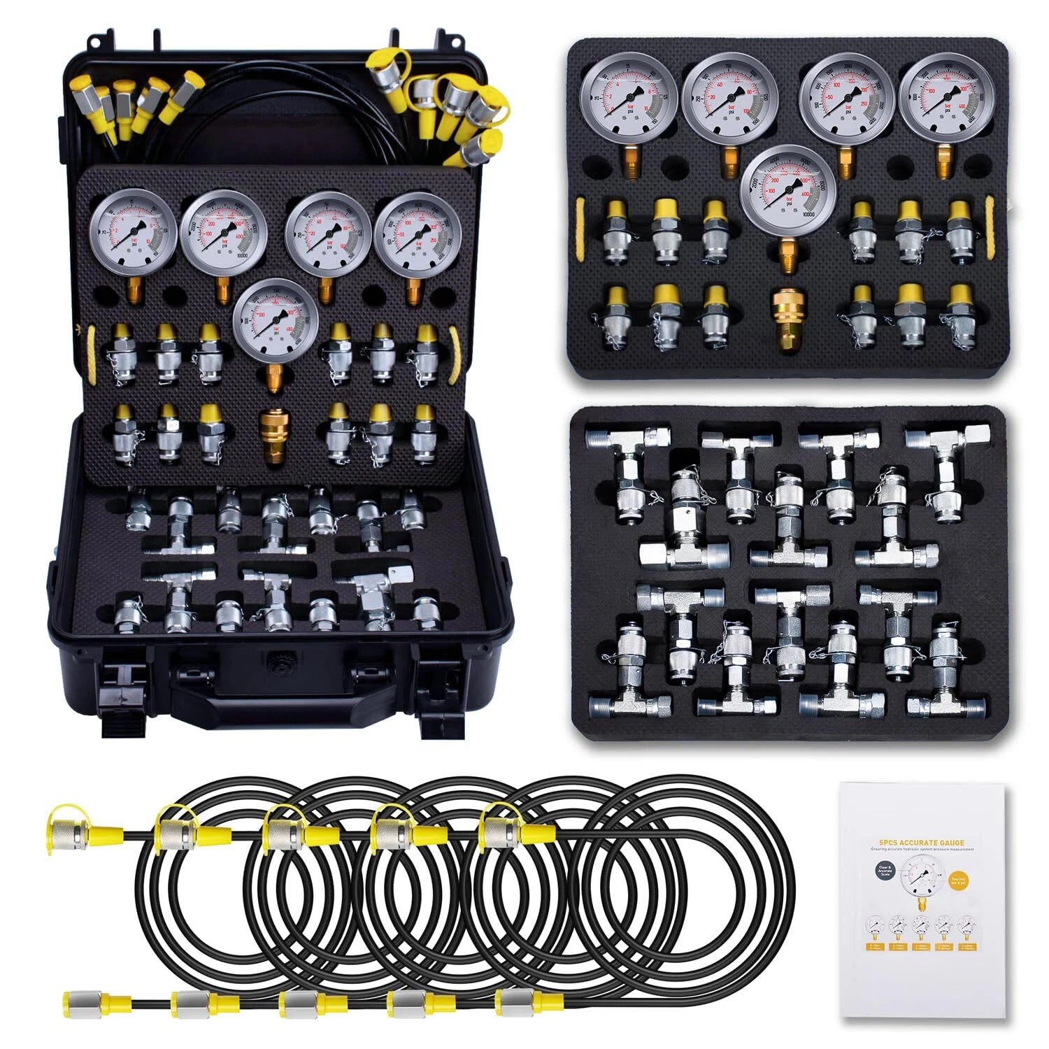 Hydraulic Pressure Test Kit with 5 Gauges, 13 Couplings, 14 Tee Connectors, 5 Hose