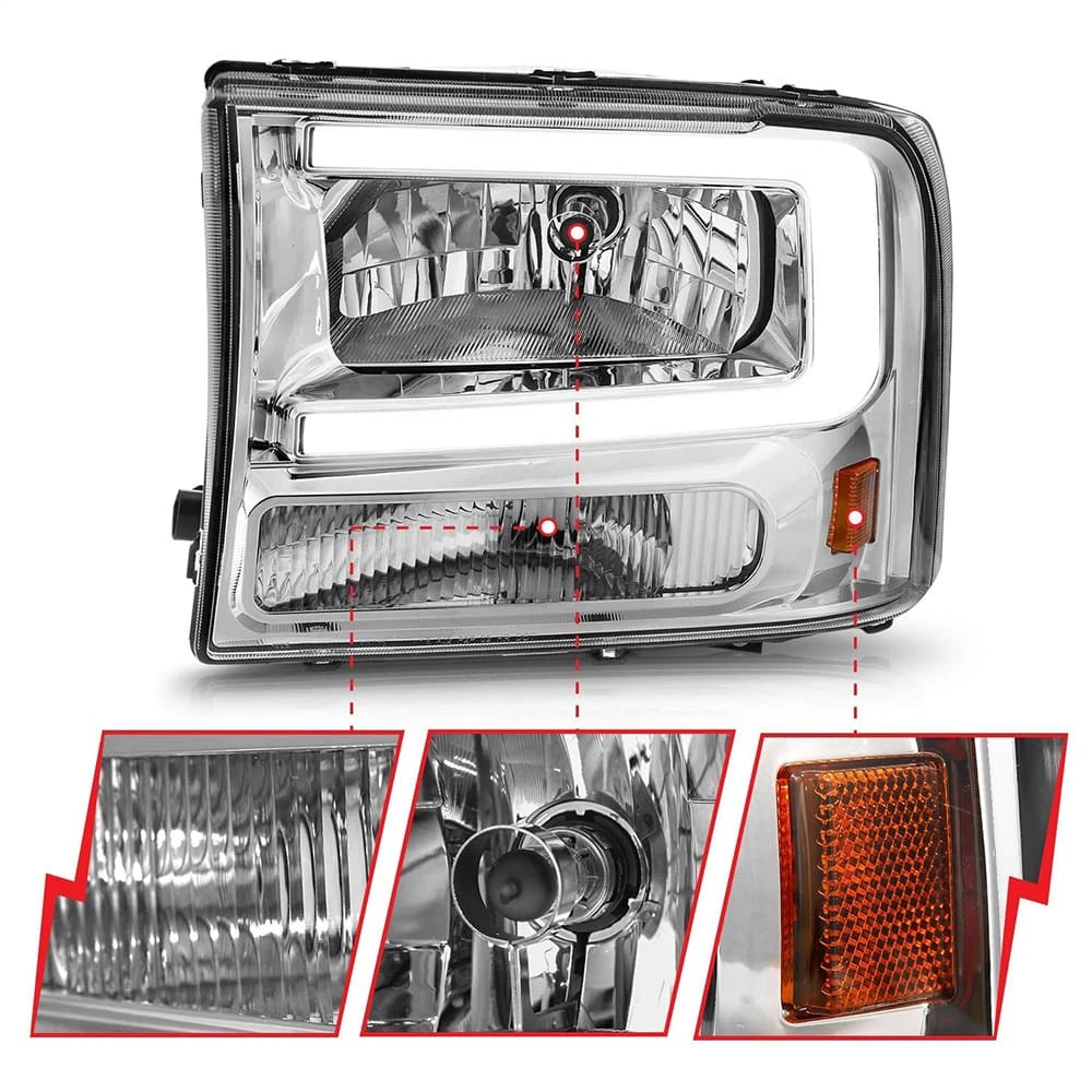 Headlight Set with Light Bar for Chrome Clear Lens Ford F-250 (1999–2004)