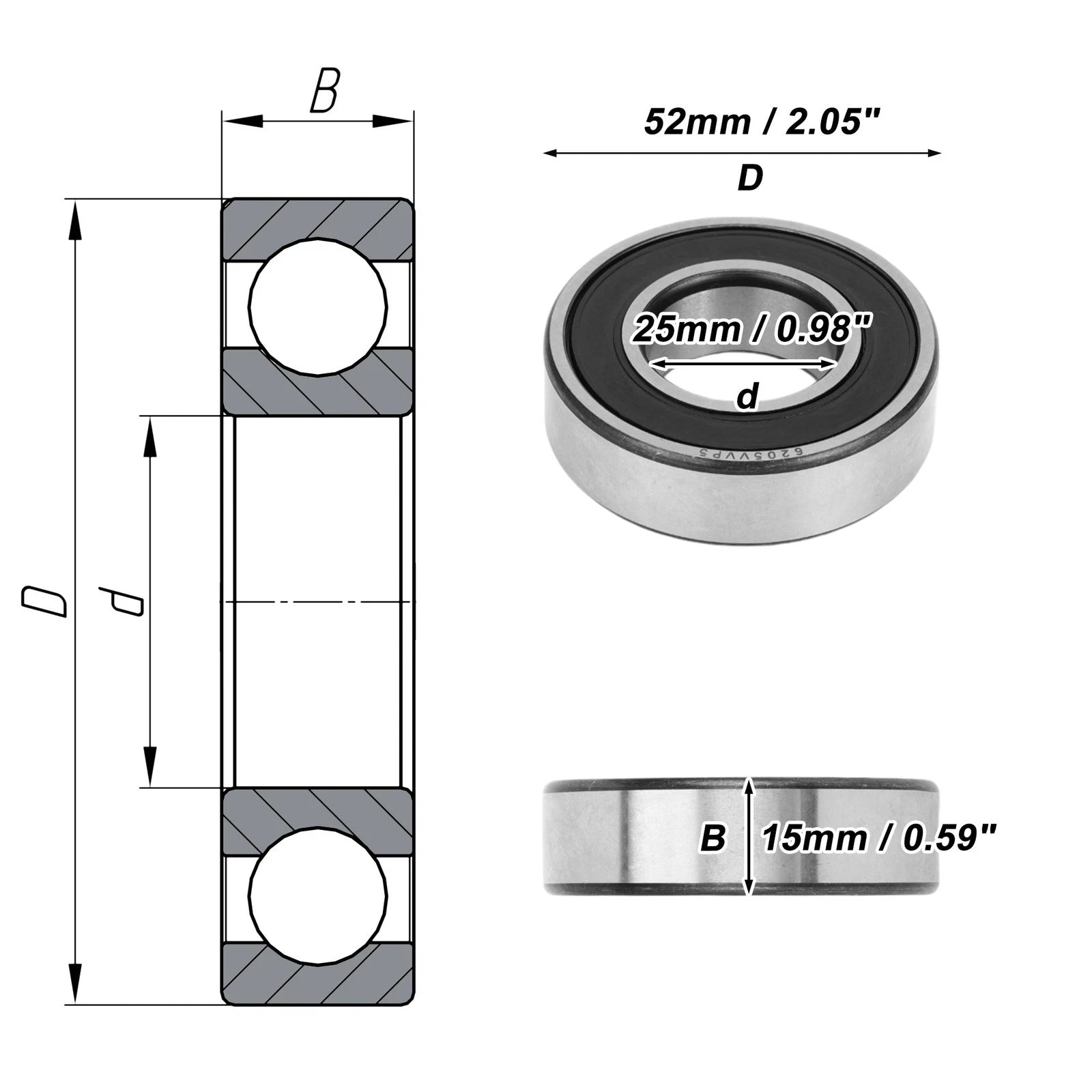 Deep Groove Ball Bearing 6205VV for Scooter Skateboard Wheel (25x52x15mm)
