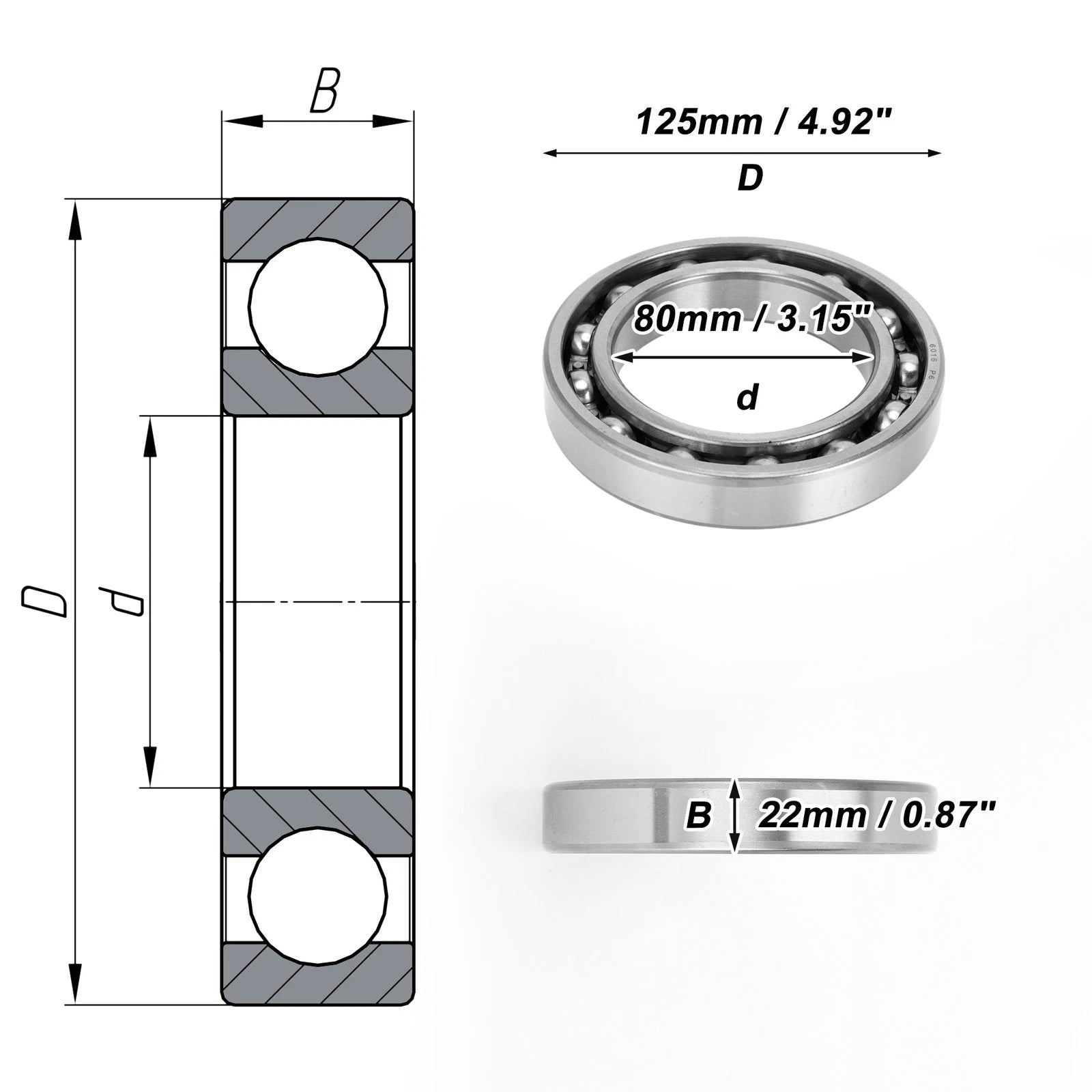 Deep Groove Ball Bearing 6016 for Scooter Skateboard Wheel (80x125x22mm)