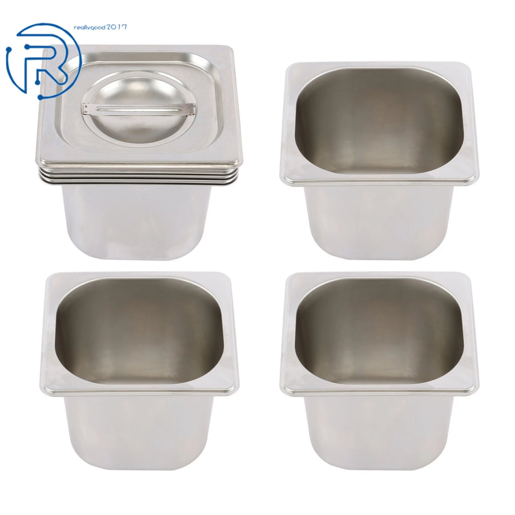 Set of 4 Stainless Steel Steam Hotel Pans with Lids 1/6 6" Deep Non-Stick