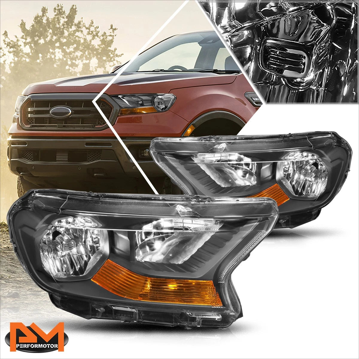 Factory Style Headlight Set for Ford Ranger XL XLT (2019–2023) - Black Housing, Amber Corner