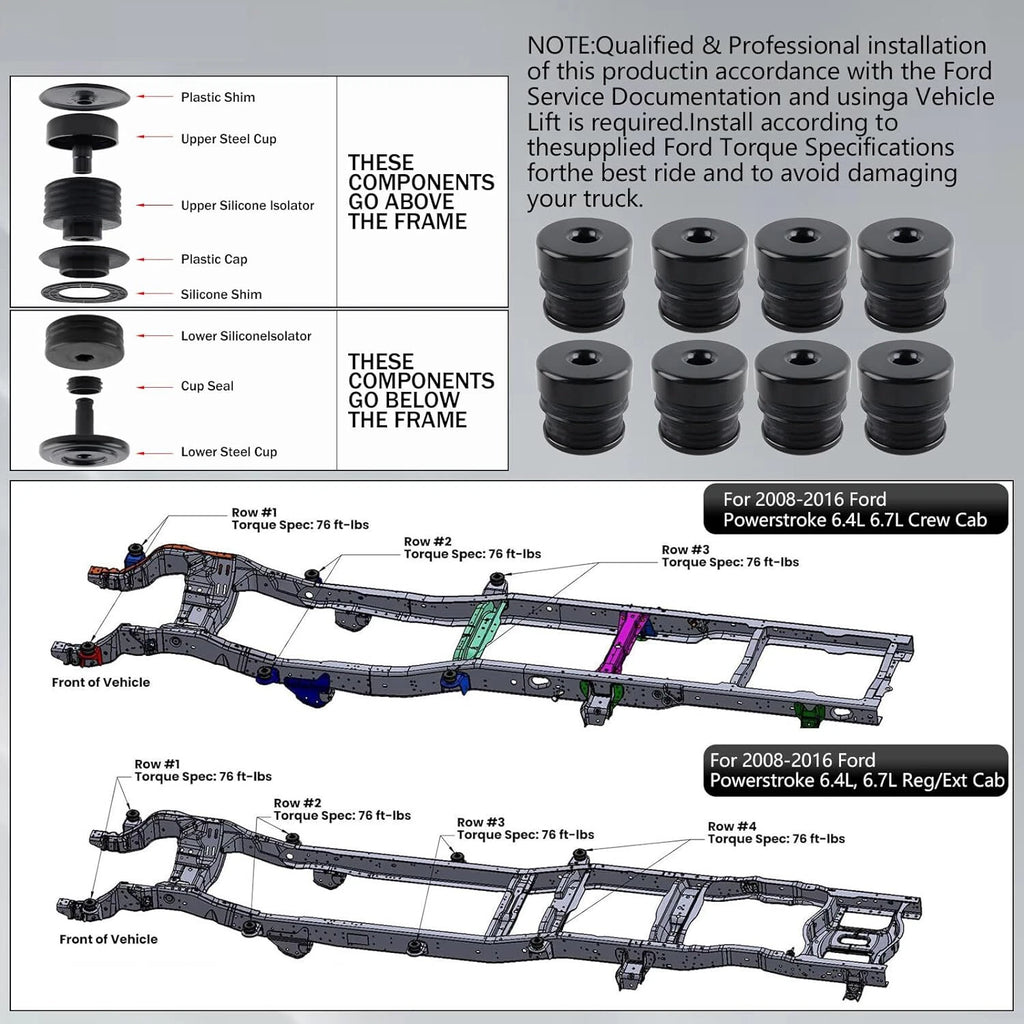 Body Mount Bushing Kit Silicone for Ford F250 F350 Super Duty (2008–2016)