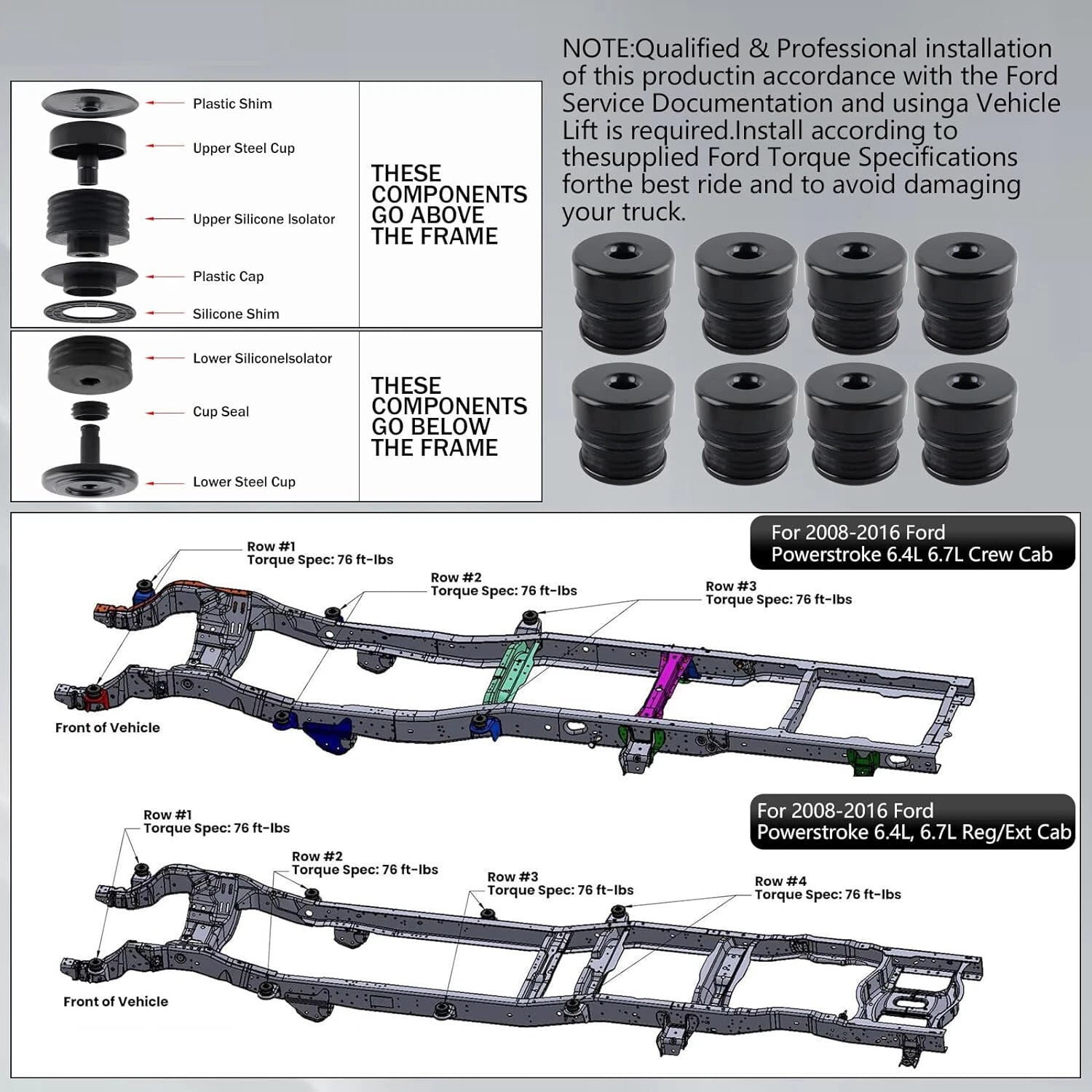 Body Mount Bushing Kit Silicone for Ford F250 F350 Super Duty (2008–2016)