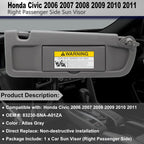 Grey RH Passenger Side Sun Visor 83230SNAA01ZA for Honda Civic Sedan (2006–2011)