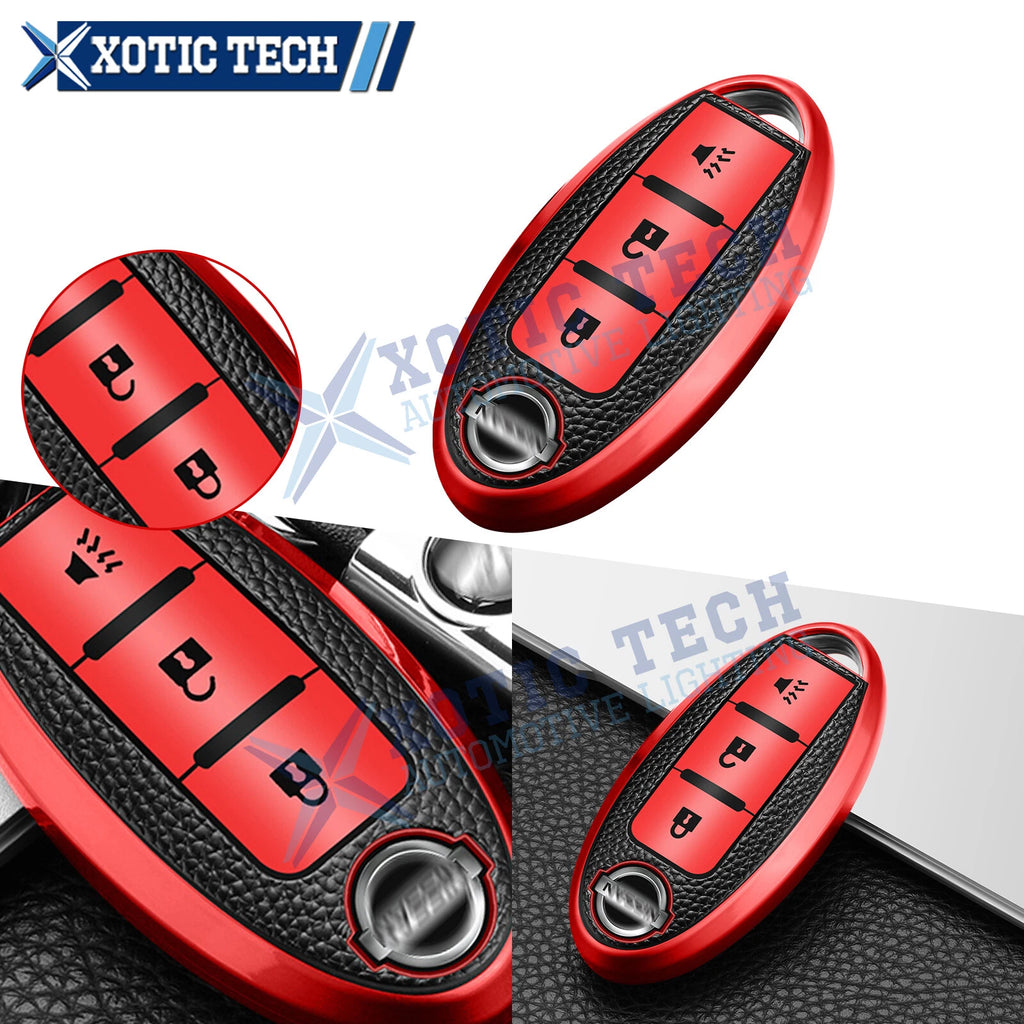 Red Soft TPU Leather Keyless Key Holder Shell for Nissan Murano Rogue (2014–2024)