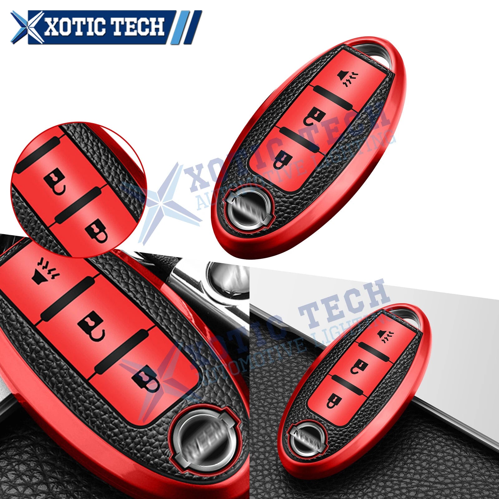 Red Soft TPU Leather Keyless Key Holder Shell for Nissan Murano Rogue (2014–2024)