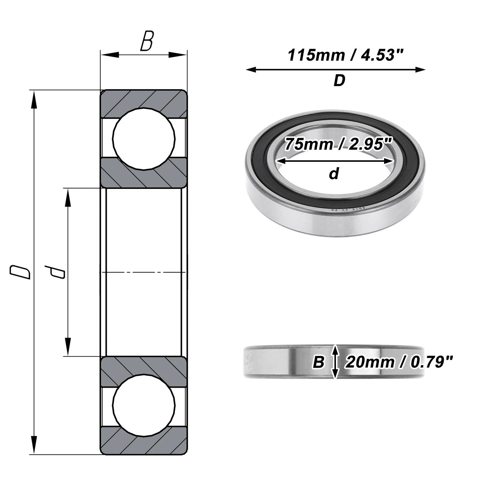 Deep Groove Ball Bearing 6015VV for Scooter Skateboard (P0 75x115x20mm)