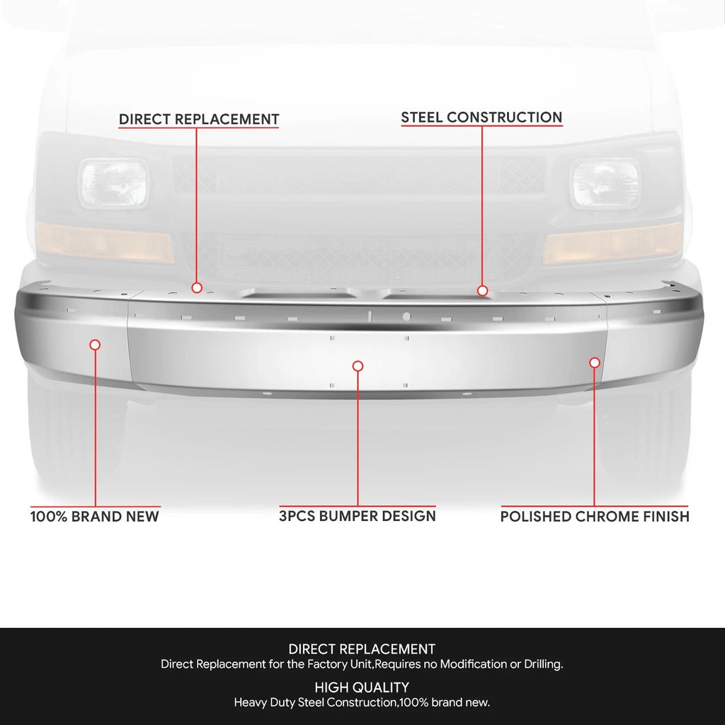 Polished Chrome Front Bumper Face Bar for Express Savana 1500 2500 3500 (2003–2023)