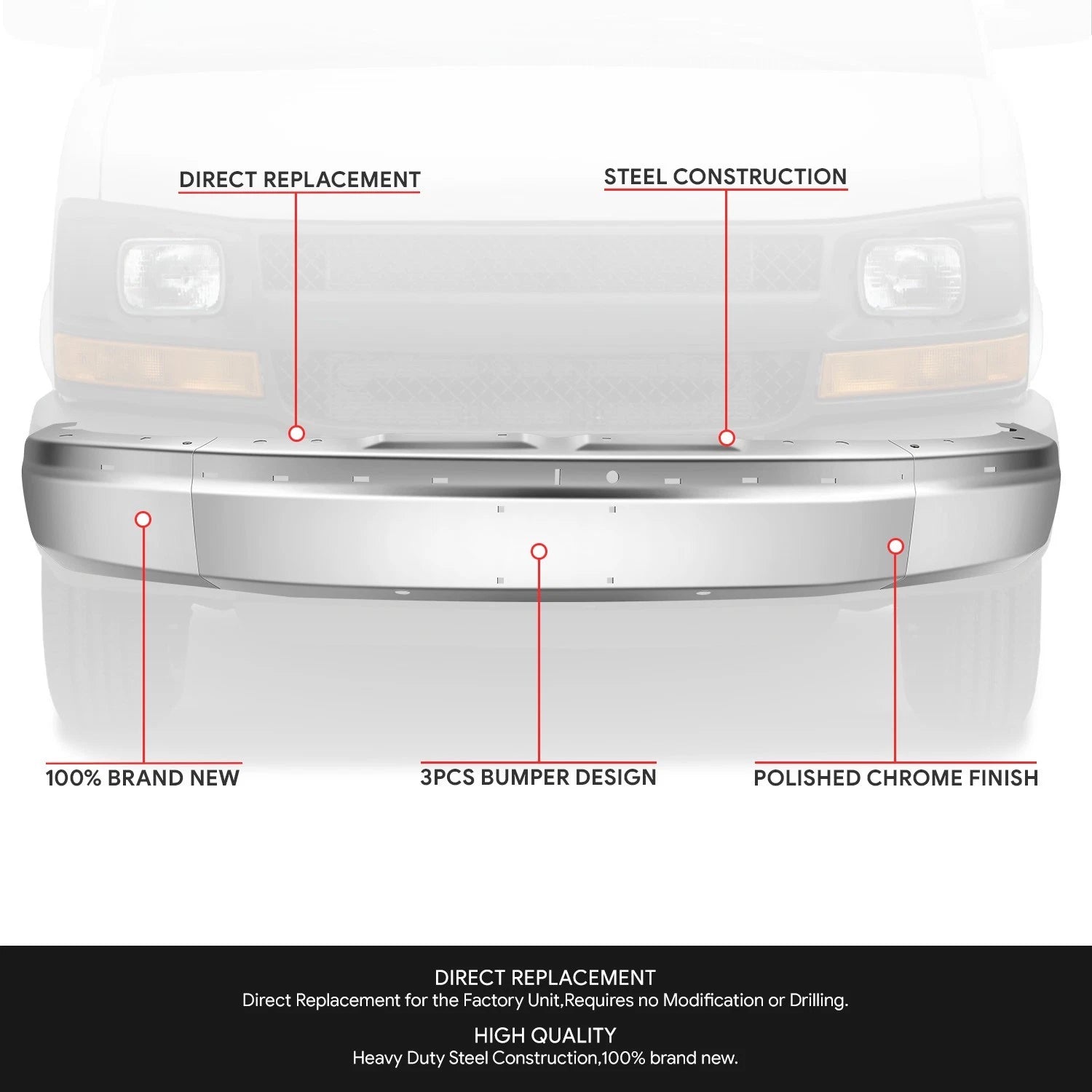 Polished Chrome Front Bumper Face Bar for Express Savana 1500 2500 3500 (2003–2023)
