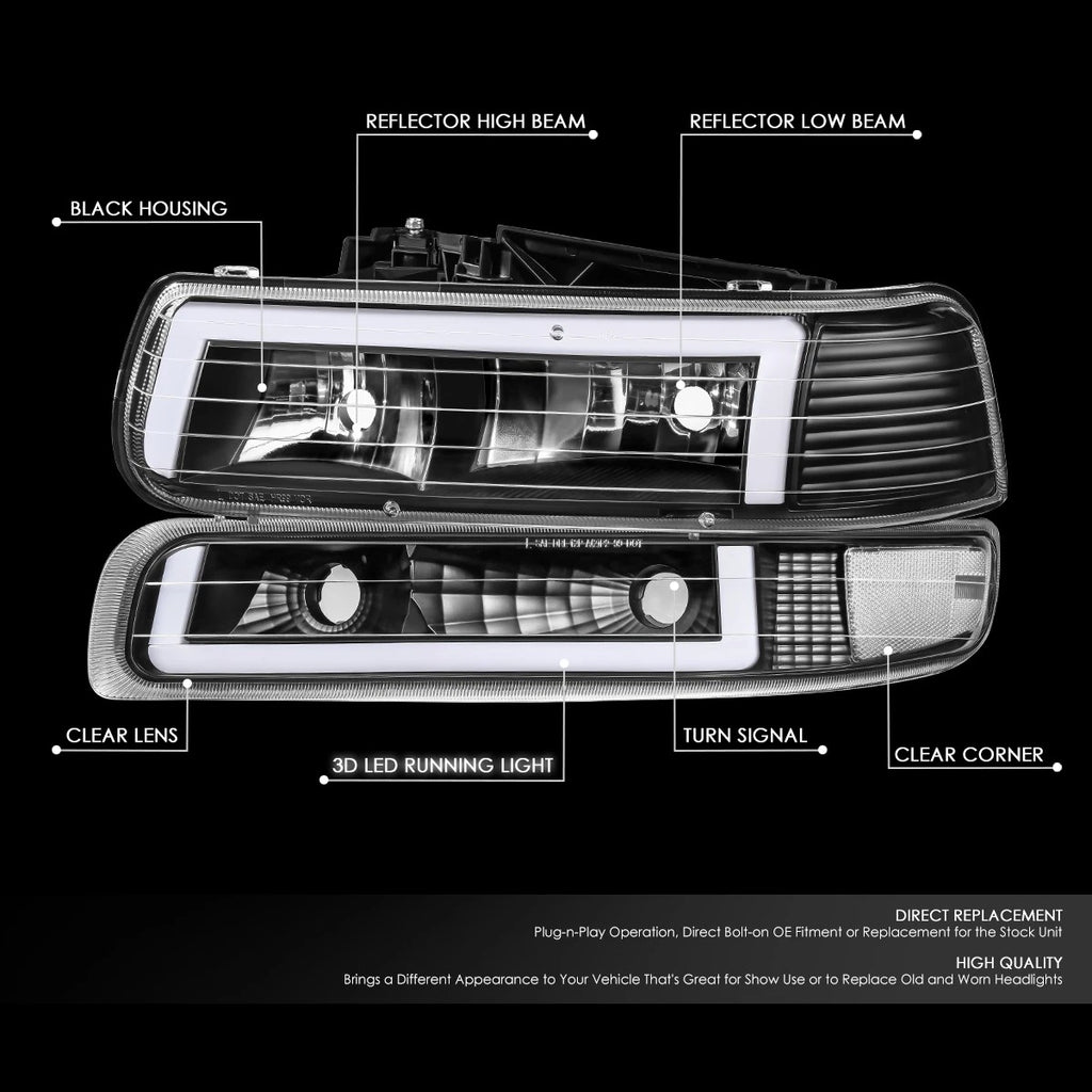 C-Shape LED DRL Headlights + Bumper Lamp for Silverado Suburban Tahoe (1999–2006)