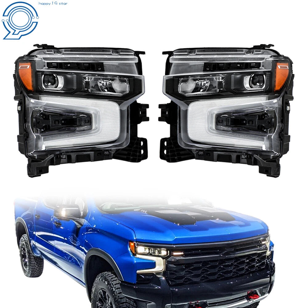 Headlight Set for Chevy Silverado 1500 (2022–2024) Black LED DRL Lens