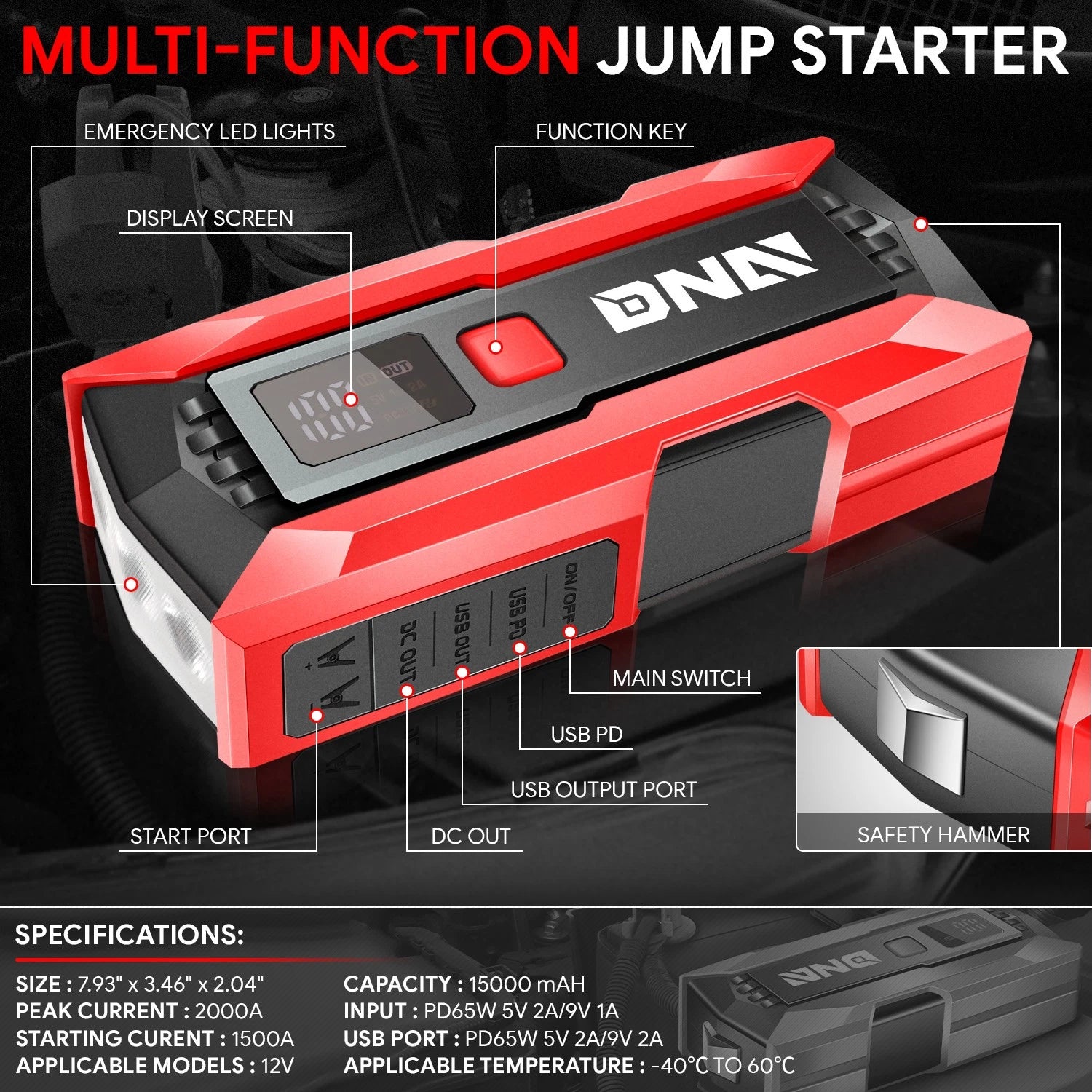 15000mAh Jump Starter Power Bank for Vehicles (Universal)