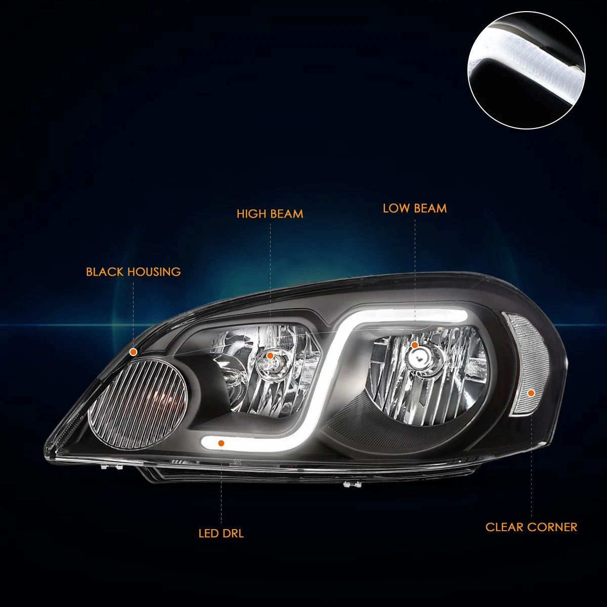 Headlight with LED DRL for Chevy Impala (2006–2016) - Black Housing, Clear Corner