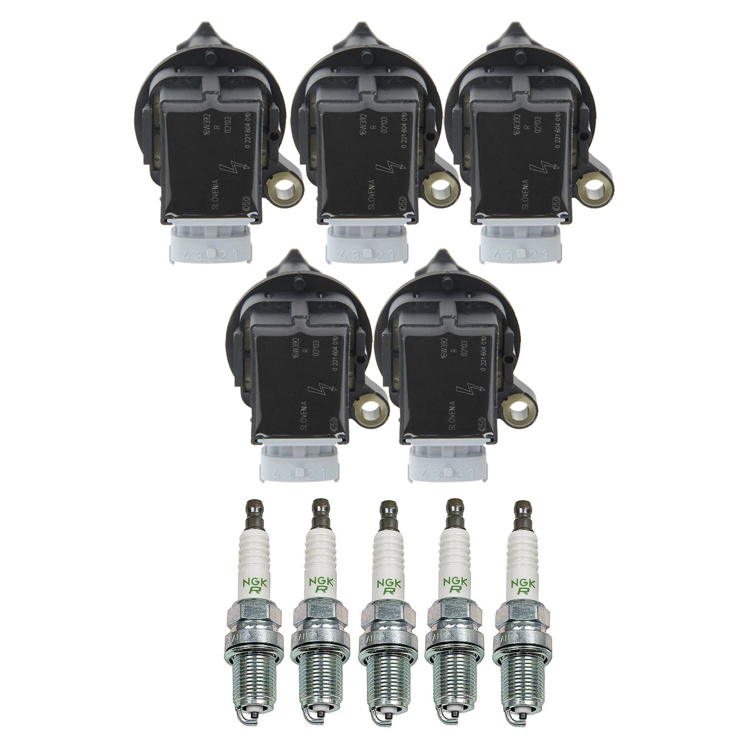 Set of 5 Ignition Coils & NGK V-Power Spark Plugs for Volvo C30 C70 S60 V70 XC90