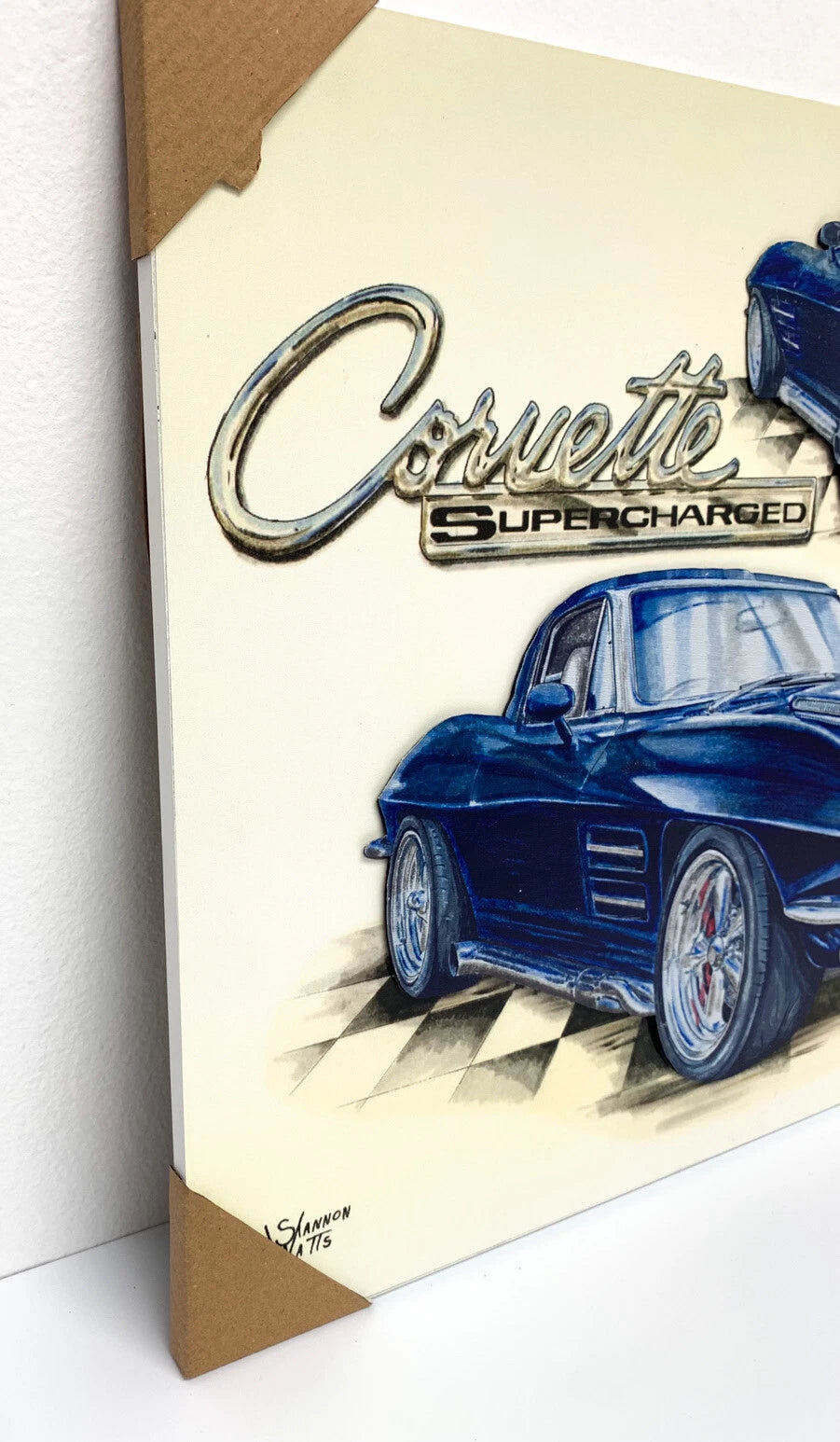 Custom Wood Sign with Blue 1963 Chevy C2 Supercharged Corvette Emblem 20x16