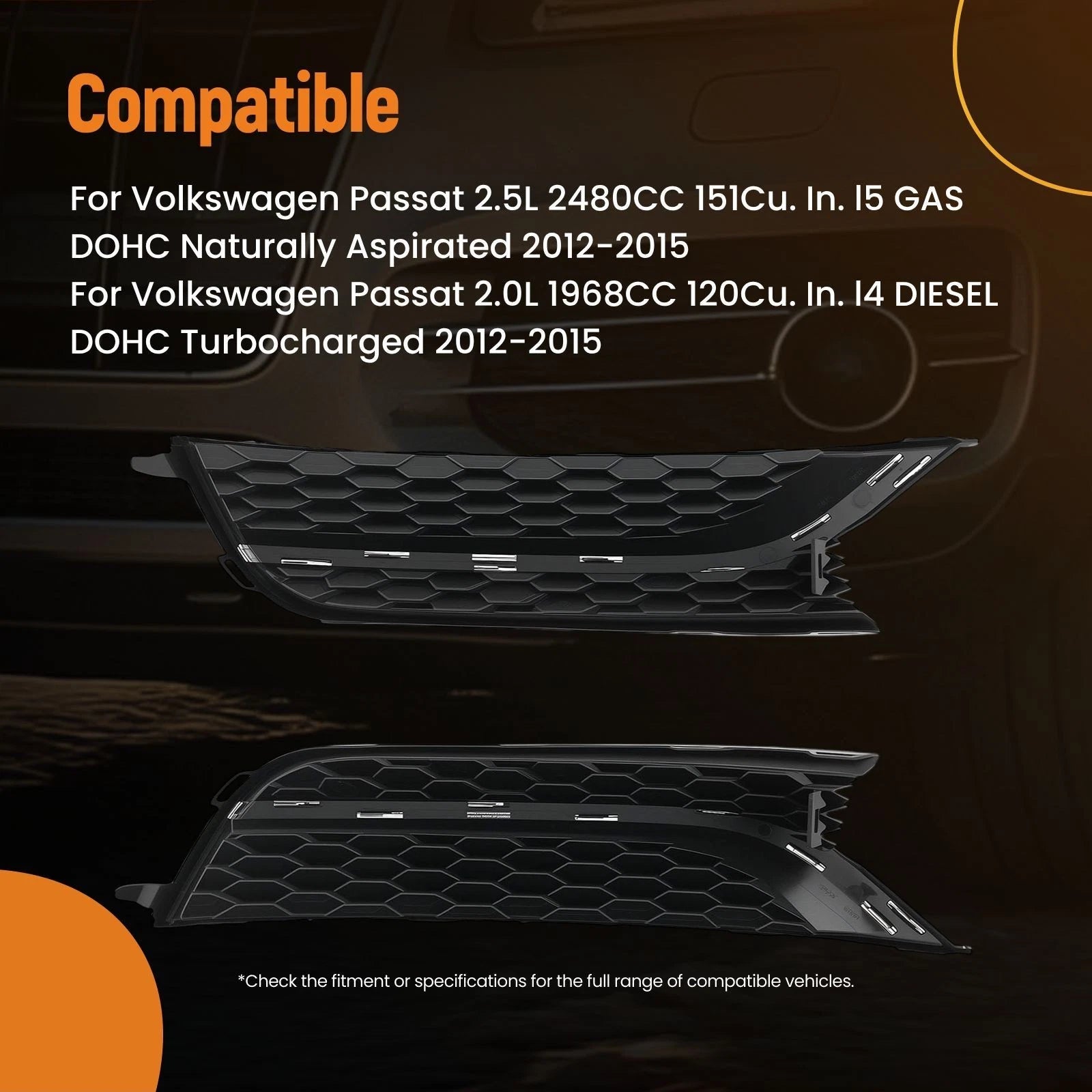 Pair Fog Light Grille Bezel Covers for VW Passat 2.0L 2.5L (2012–2015)