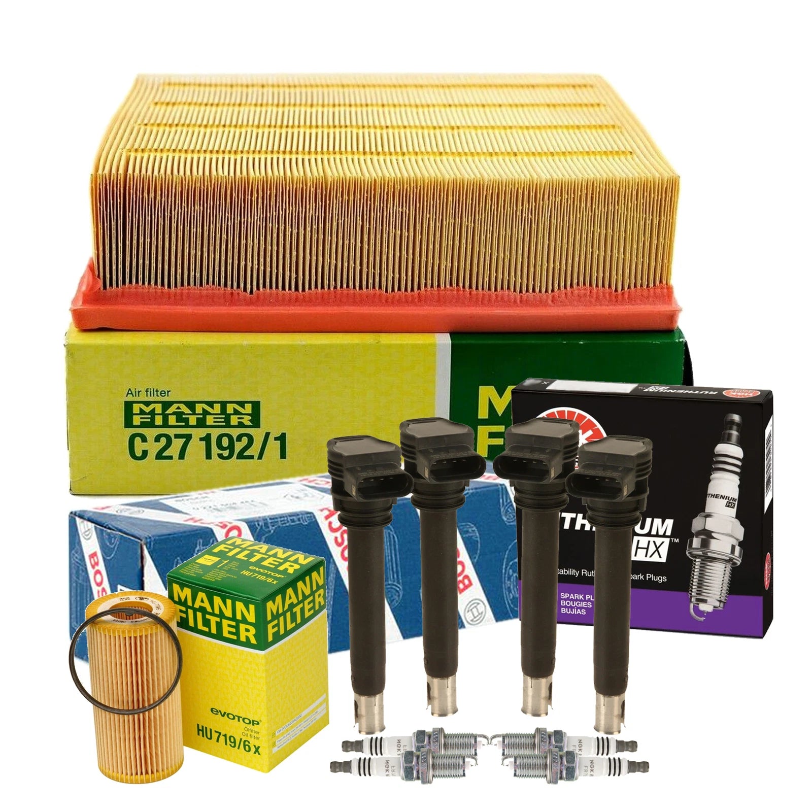 Set of 4 Mann Filters & 4 NGK Ruthenium HX Spark Plugs for Audi L4