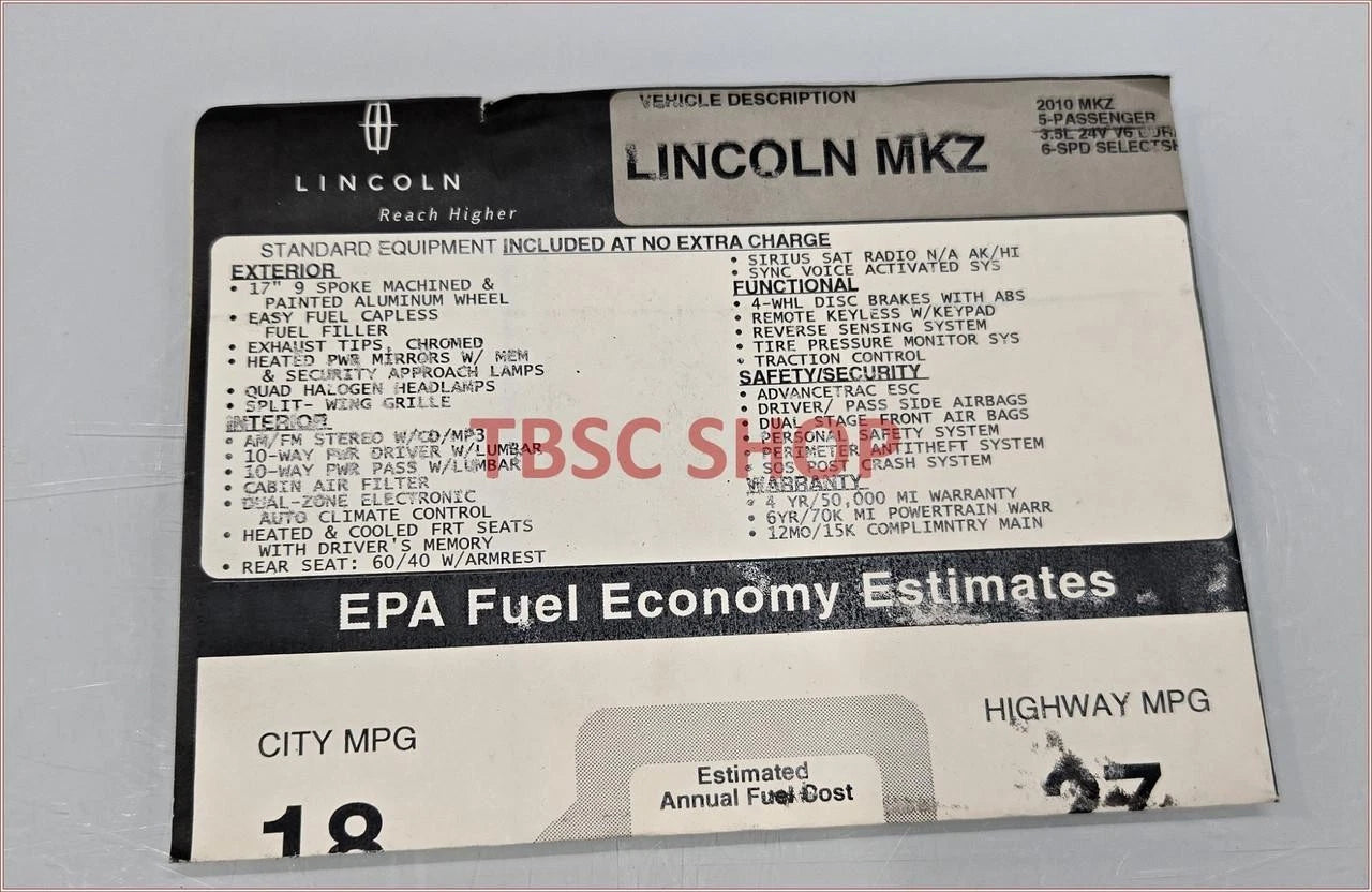 Window Sticker for Lincoln MKZ (2010)