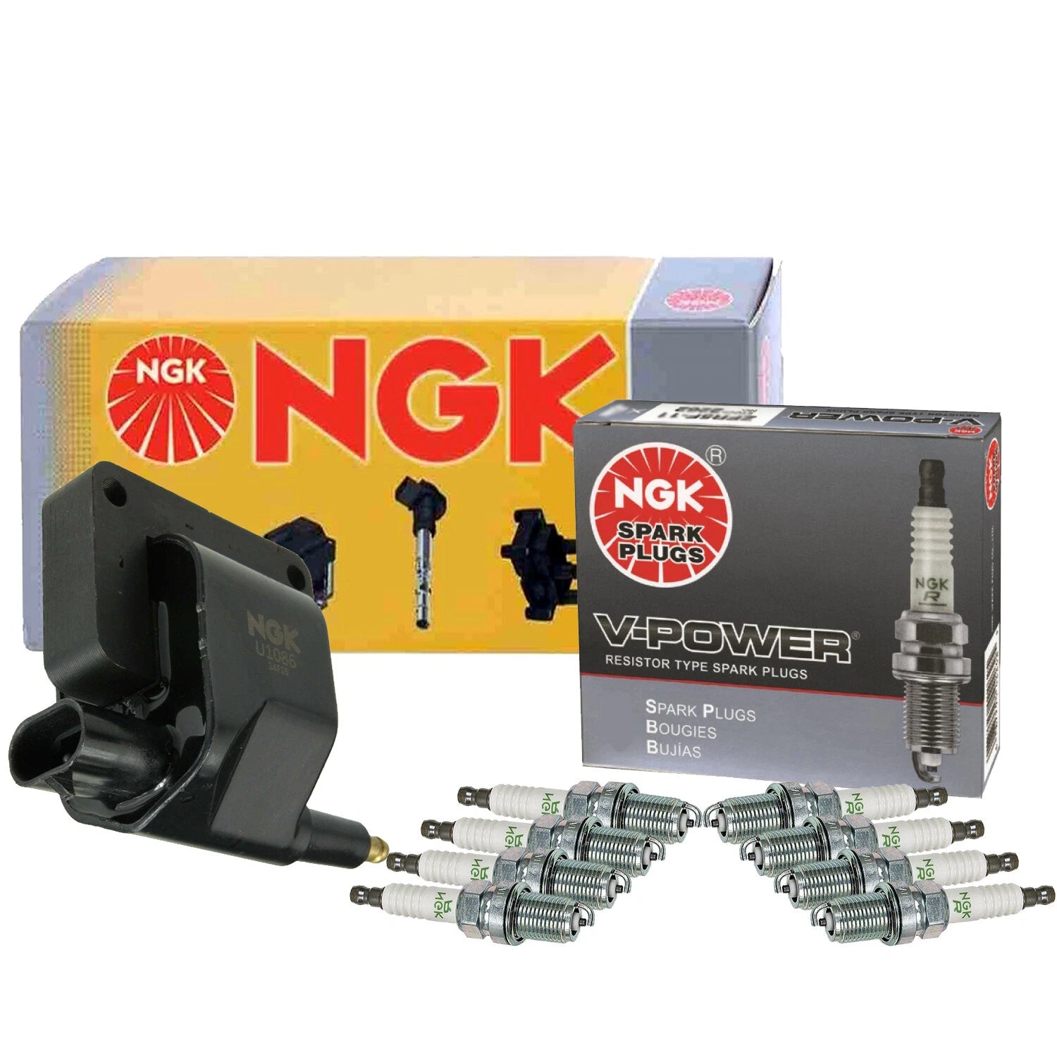 NGK HEI Ignition Coil & 8 V-Power Spark Plugs for Dodge Ram 2500 3500 (1994–2002)