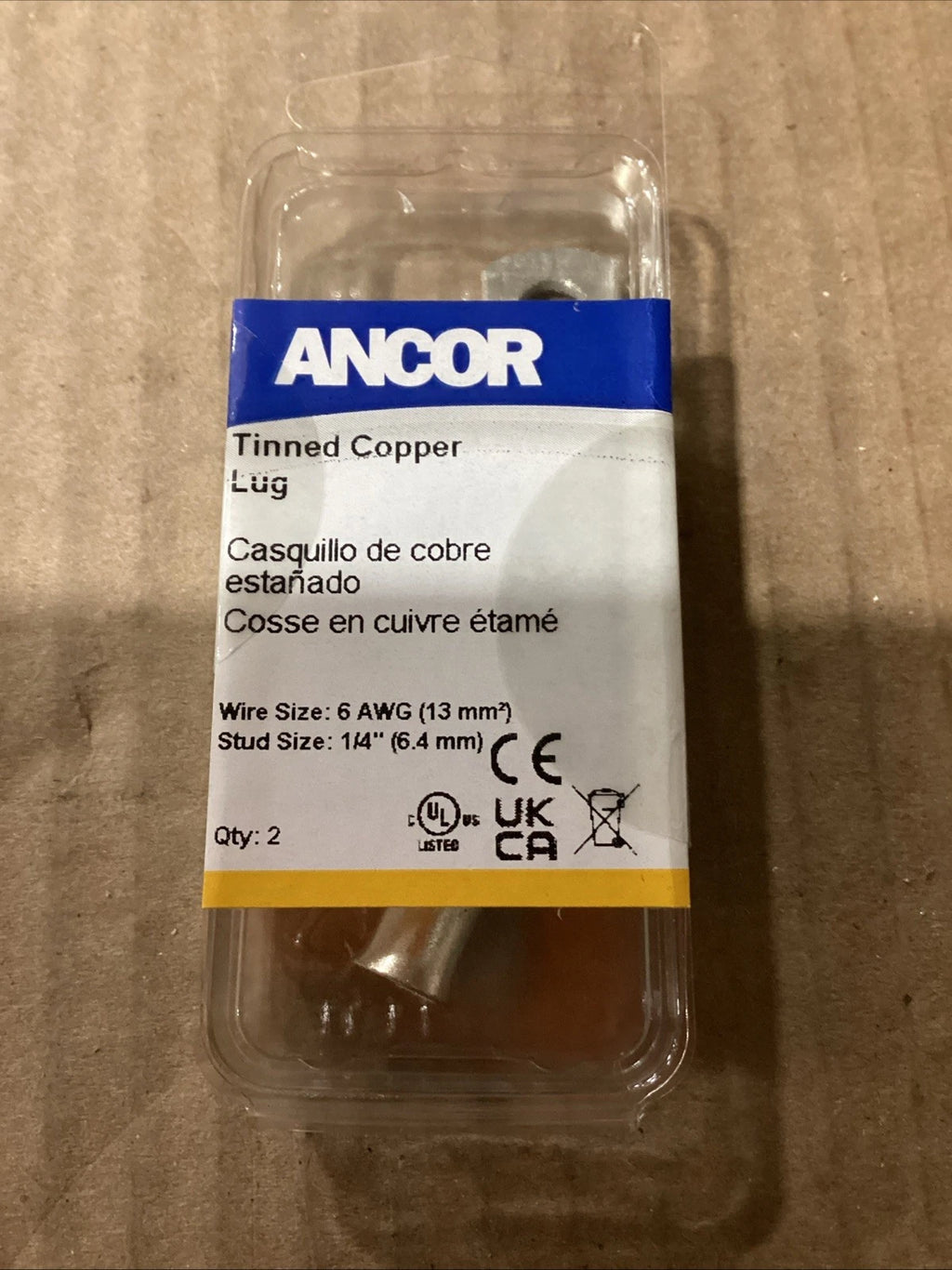 Set of 2 Heavy Duty Tinned Copper Lugs 6 AWG for Ancor 252244 1/4" Stud