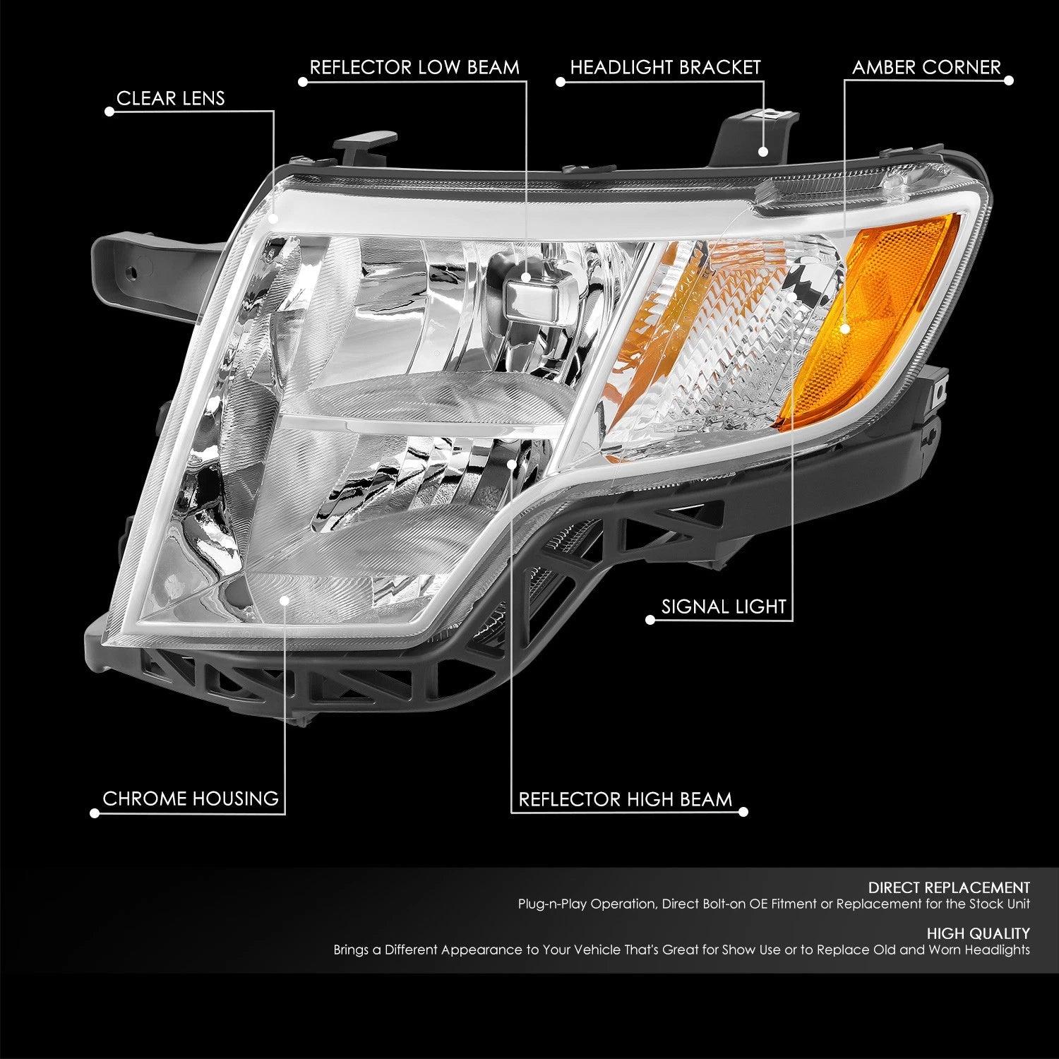 Driver Left Chrome Housing Amber Corner Headlight for Ford Edge (2007–2010)