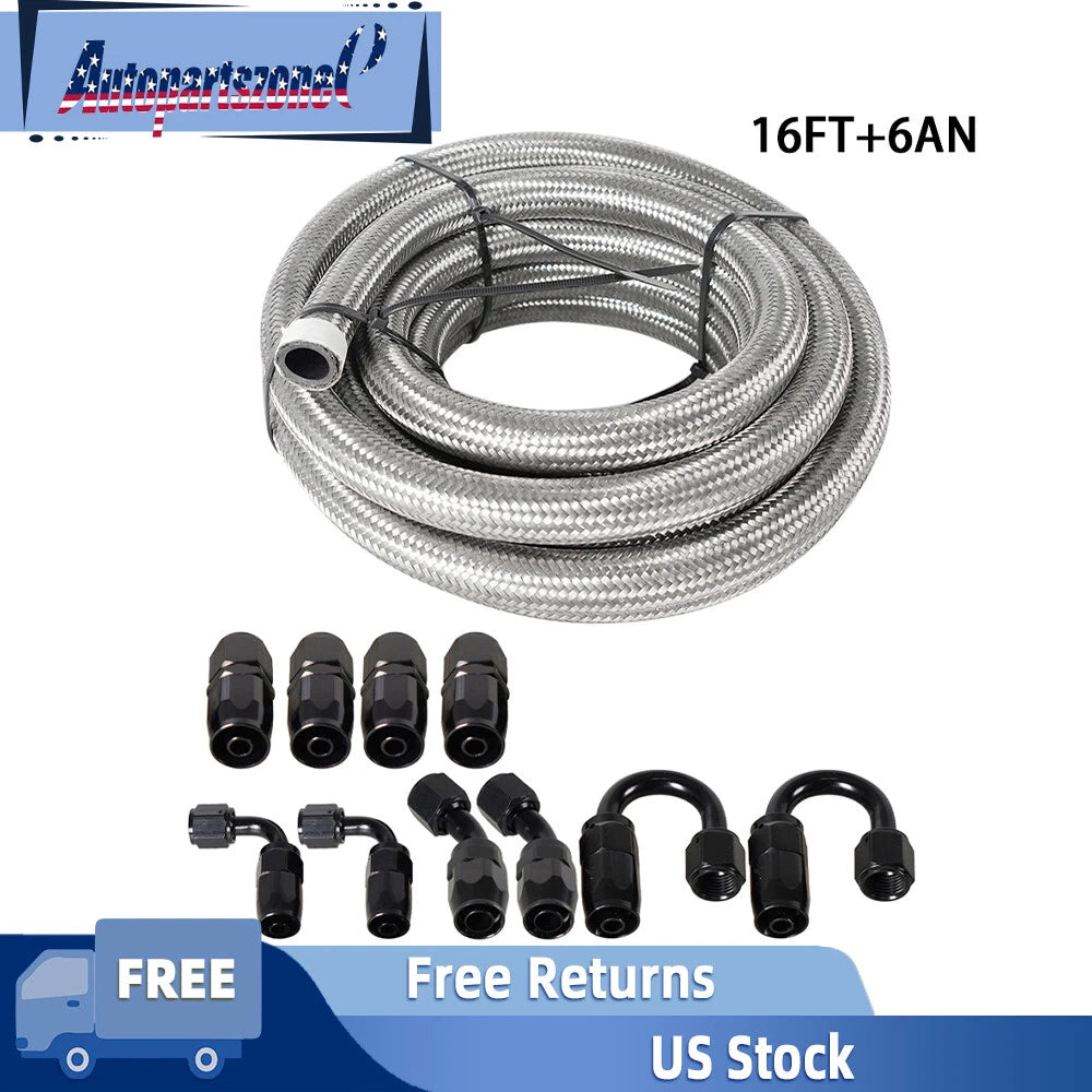 3/8 6AN 16FT Nylon Stainless Steel Braided Fuel Line Hose End Fittings