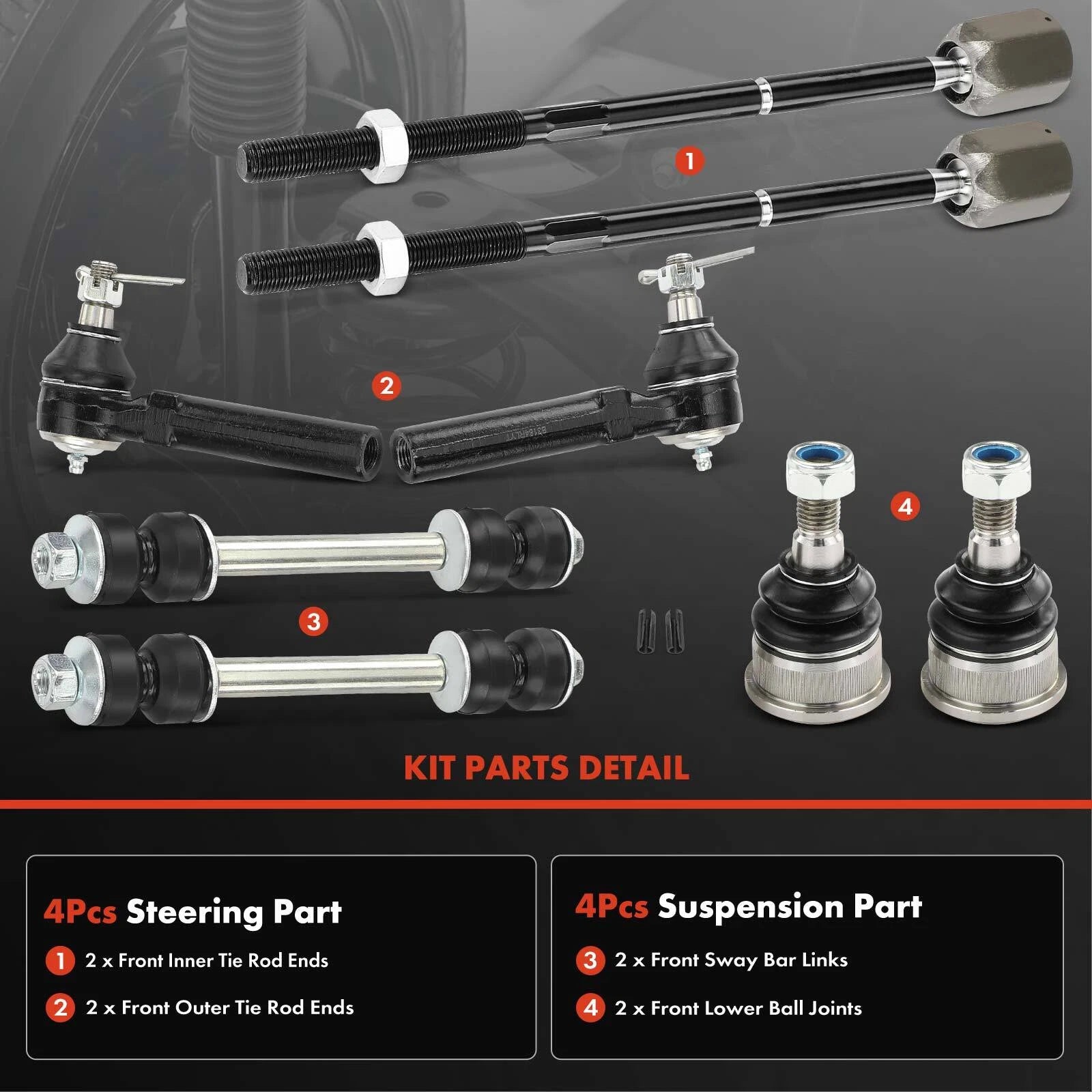 Set of 8 Front Sway Bar Tie Rod Ball Joints for Ford Mustang (1994–2004)
