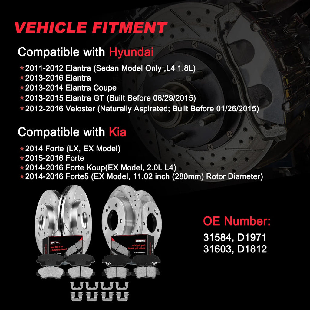 Front & Rear Drilled Brake Rotors & Ceramic Brake Pads for Elantra Veloster Forte (2011–2023)