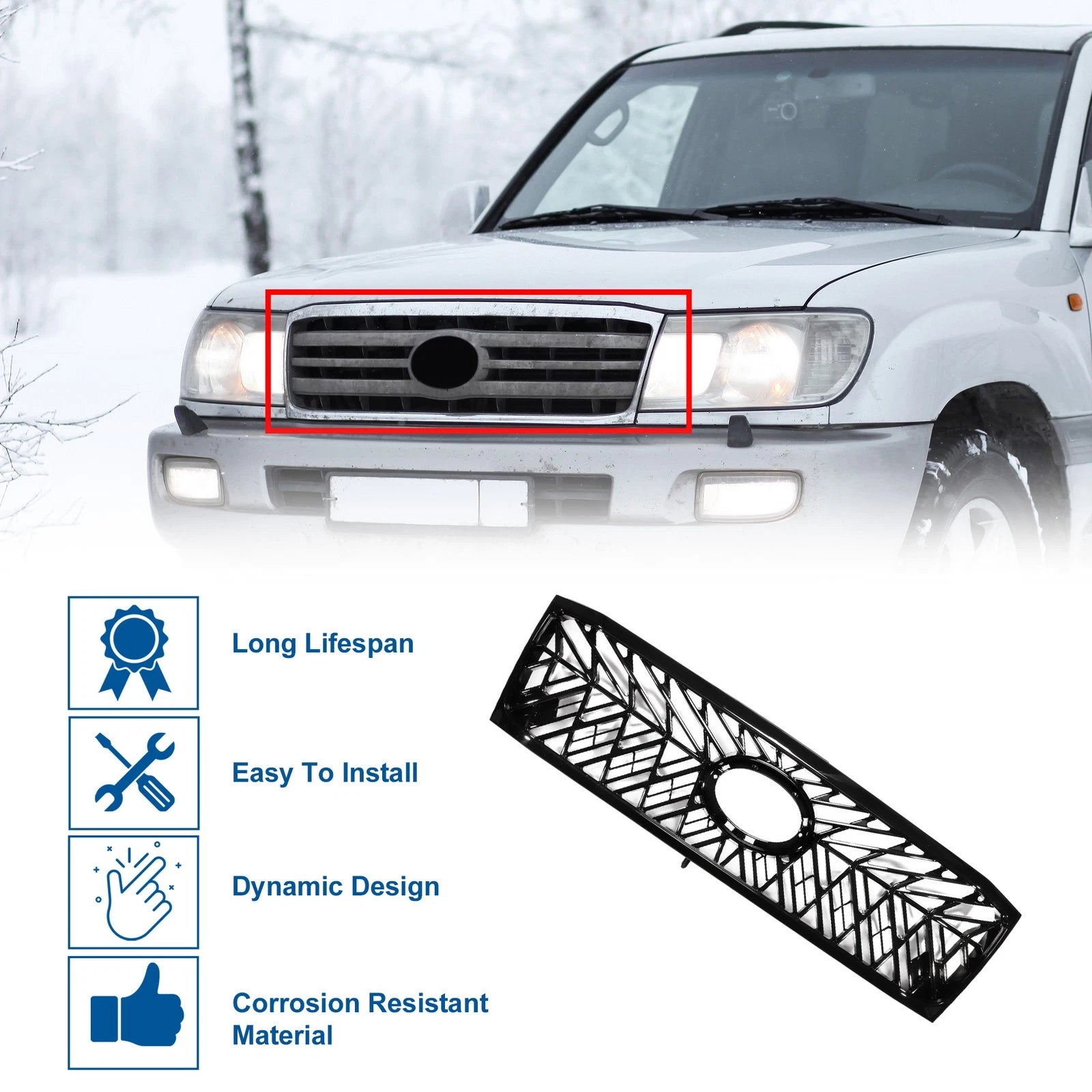 Front Upper Hood Bumper Grille for Toyota Land Cruiser 100 (2005–2007) Black