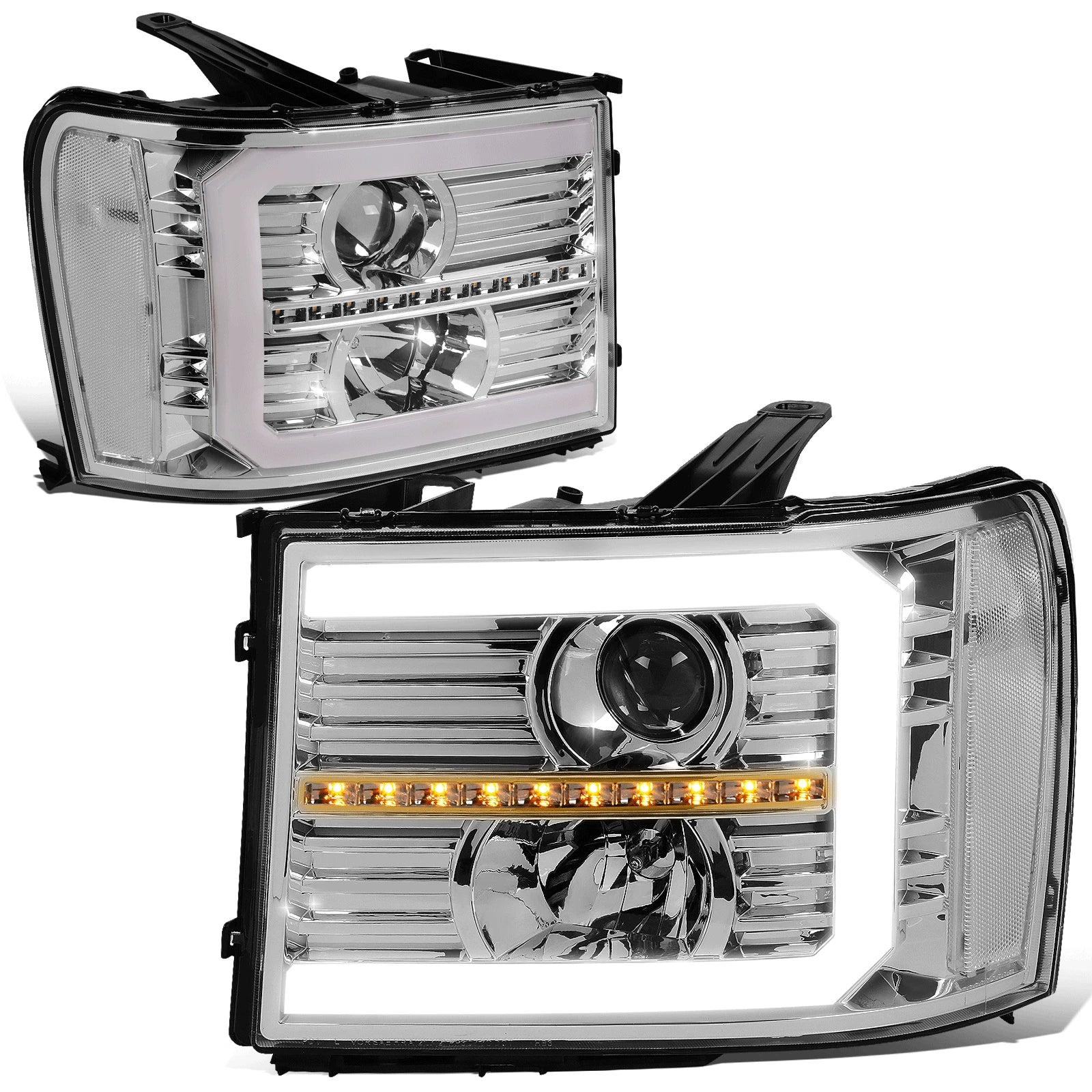 LED Projector Headlight Lamps for GMC Sierra (2007–2014) - Chrome, Sequential Signal