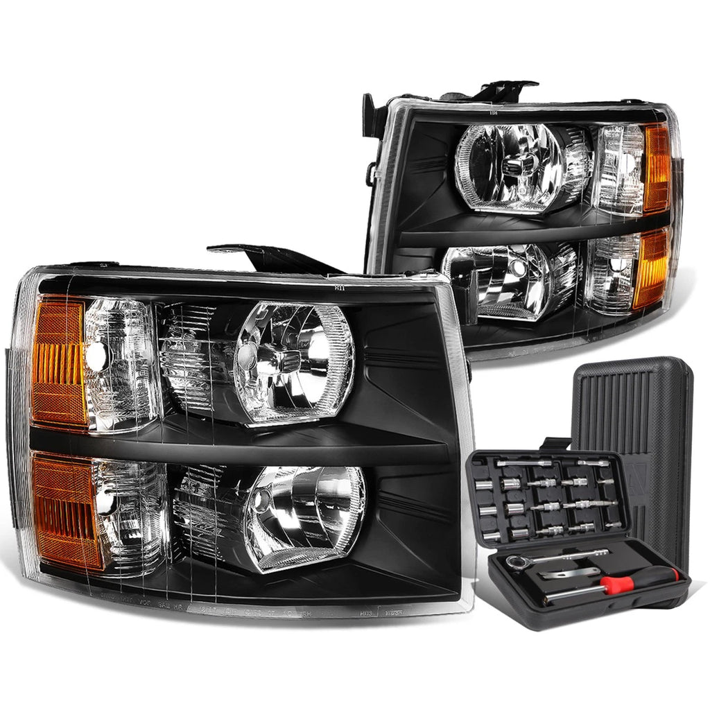 Pair of Black/Amber Signal Headlight Lamps for Chevy Silverado (2007–2014)