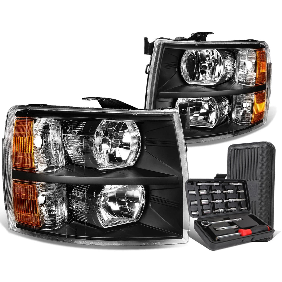 Pair of Black/Amber Signal Headlight Lamps for Chevy Silverado (2007–2014)