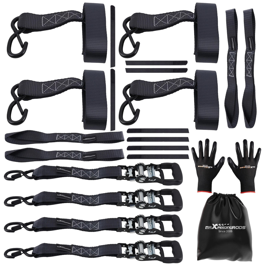 Set of 4 Heavy Duty Retractable Ratchet Tie Down Straps 1.6in x 8ft 5208 lbs Black