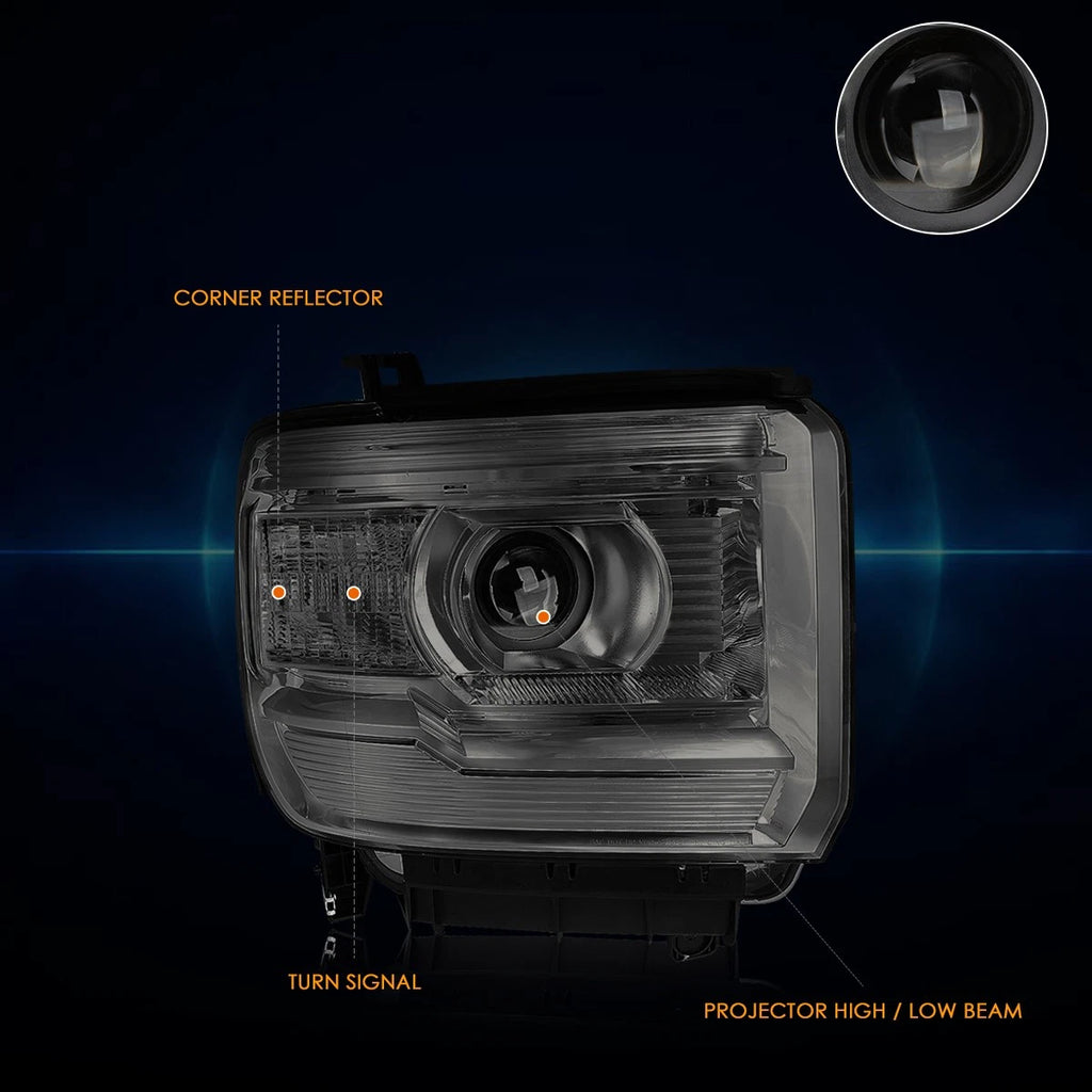 Projector Headlight Set for GMC Sierra (2014–2018) Smoked Housing, Clear Corner