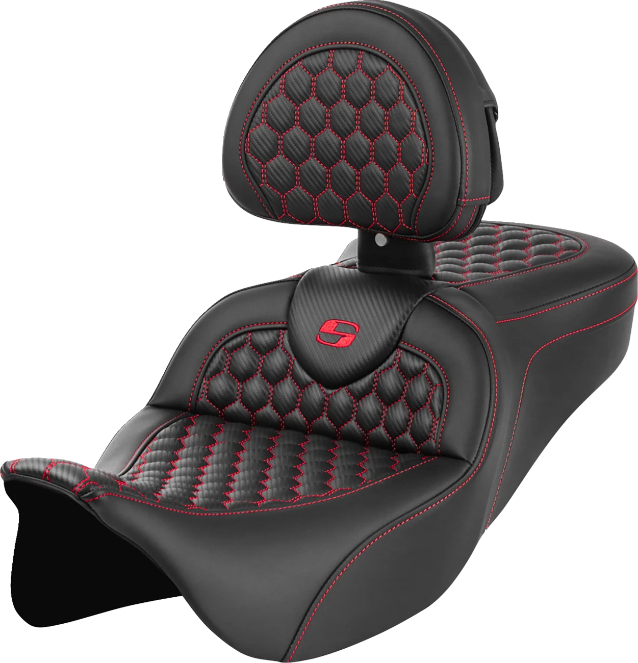 SADDLEMEN RoadSofa Seat for FLH/FLT (with Backrest, Honeycomb, Red Stitch)