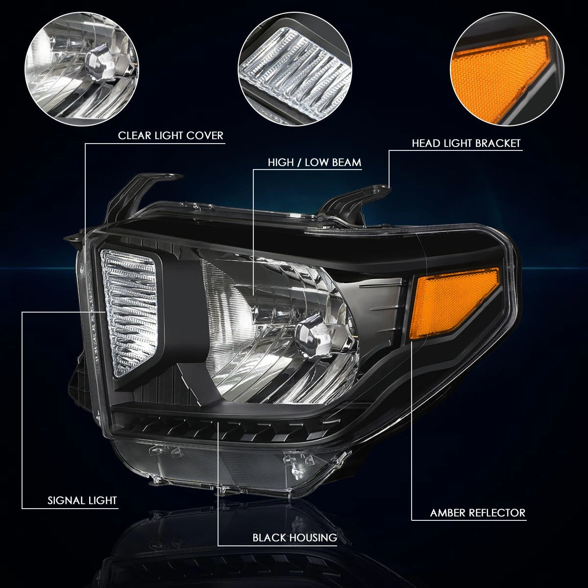 Direct Replacement Headlight for Toyota Tundra (2014–2020) Black Housing Amber Corner