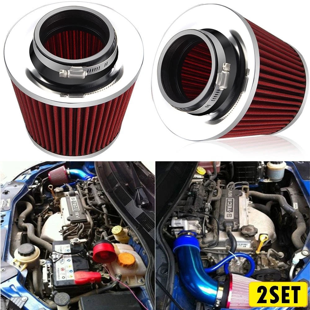 Set of 2 Universal Air Induction Filters Chrome Cone 76mm 3"