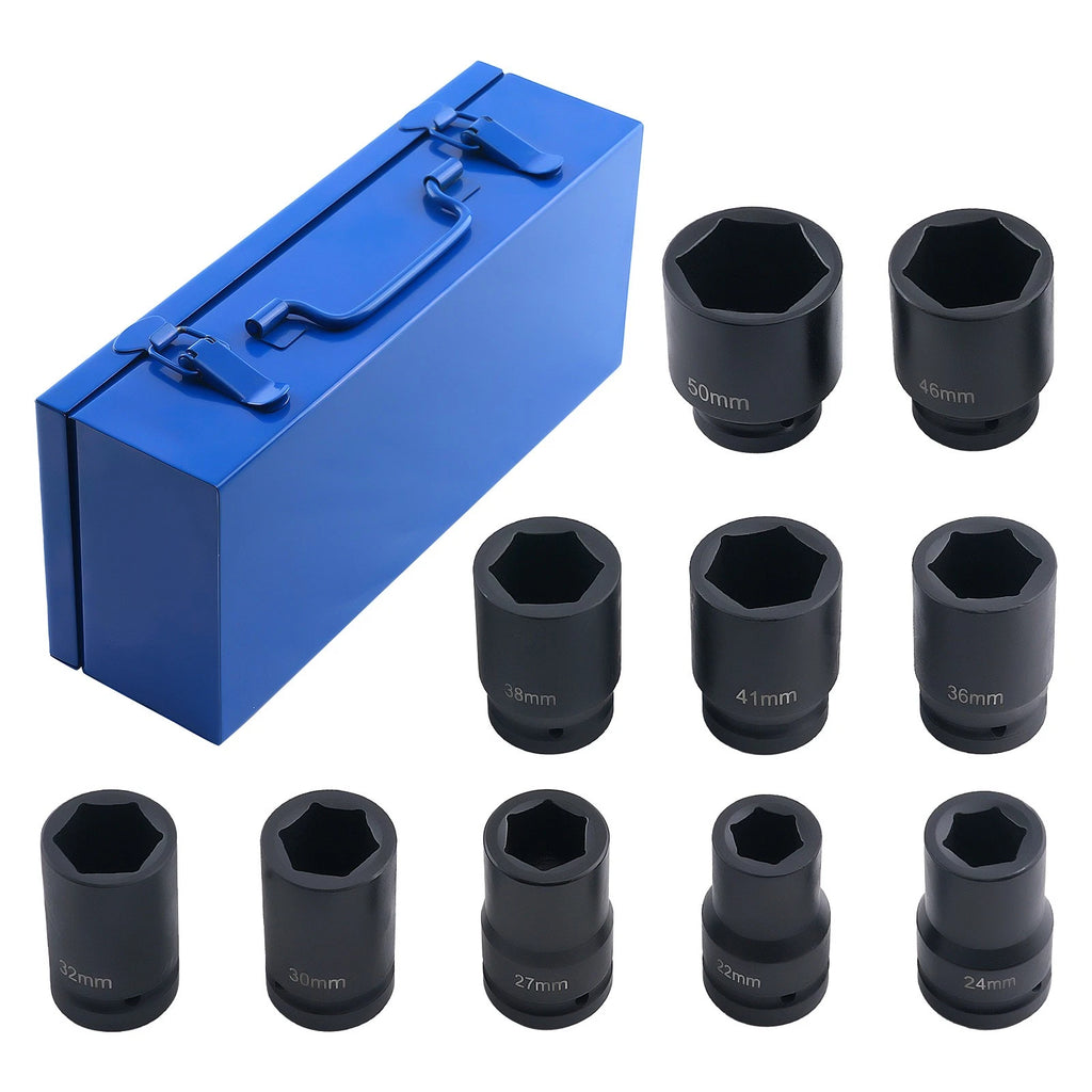 10pc Impact Socket Set 1in Drive 22-50mm 6-Point for Heavy Duty Trucks