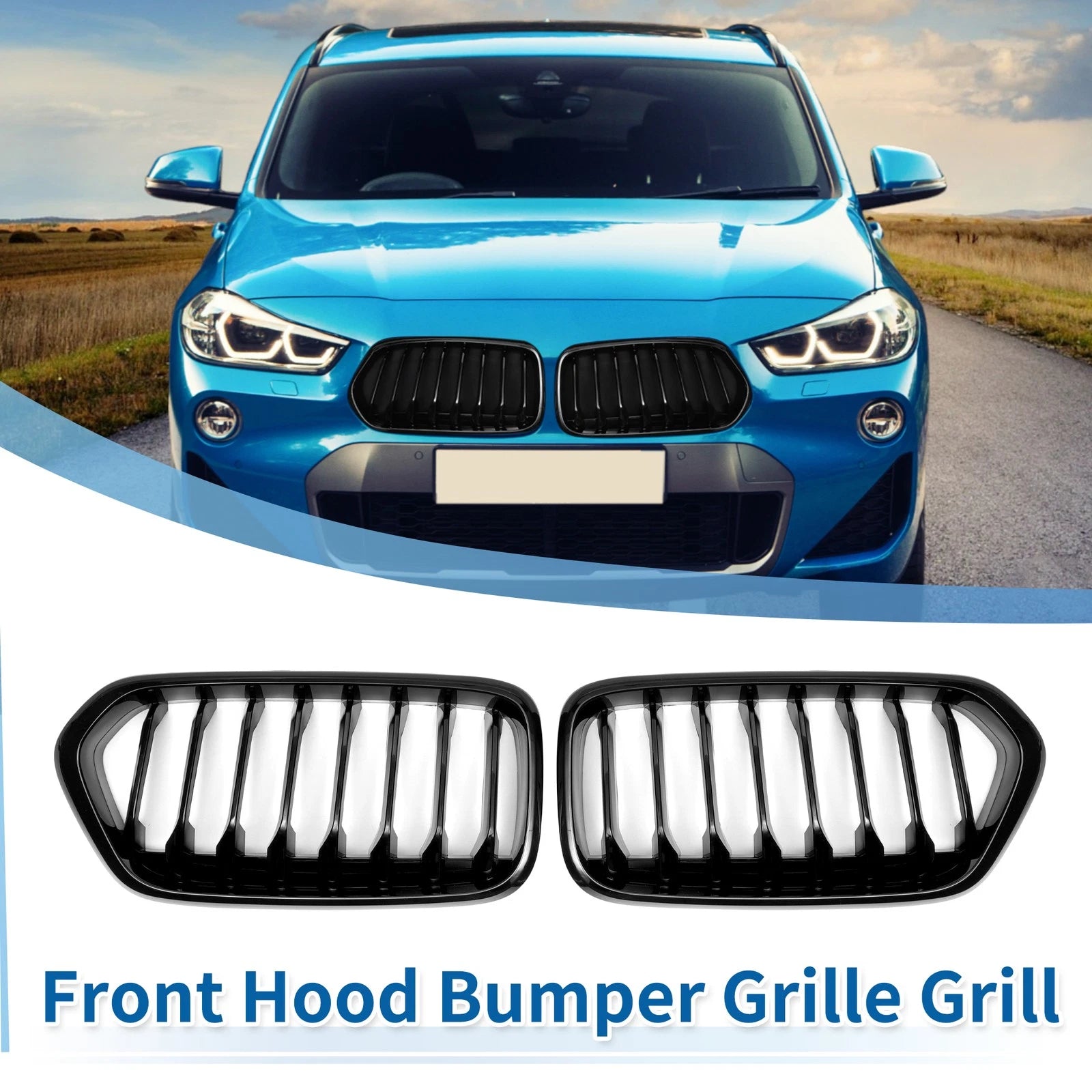 1 Pair Front Upper Bumper Grille for BMW X2 (2017–2023) Gloss Black