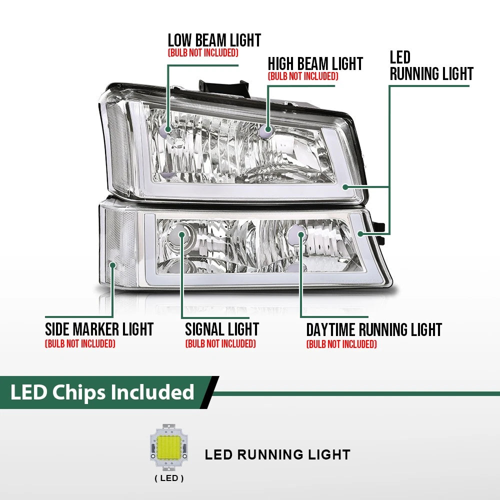 Clear Chrome Headlights with LED DRL for Chevy Silverado/Avalanche (2003–2006)