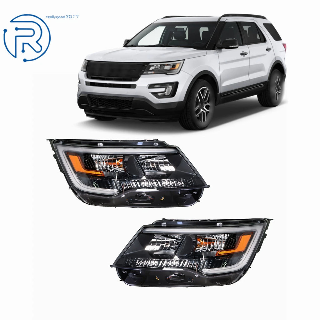 Pair of Black Halogen Headlights with LED DRL for Ford Explorer (2016–2019)