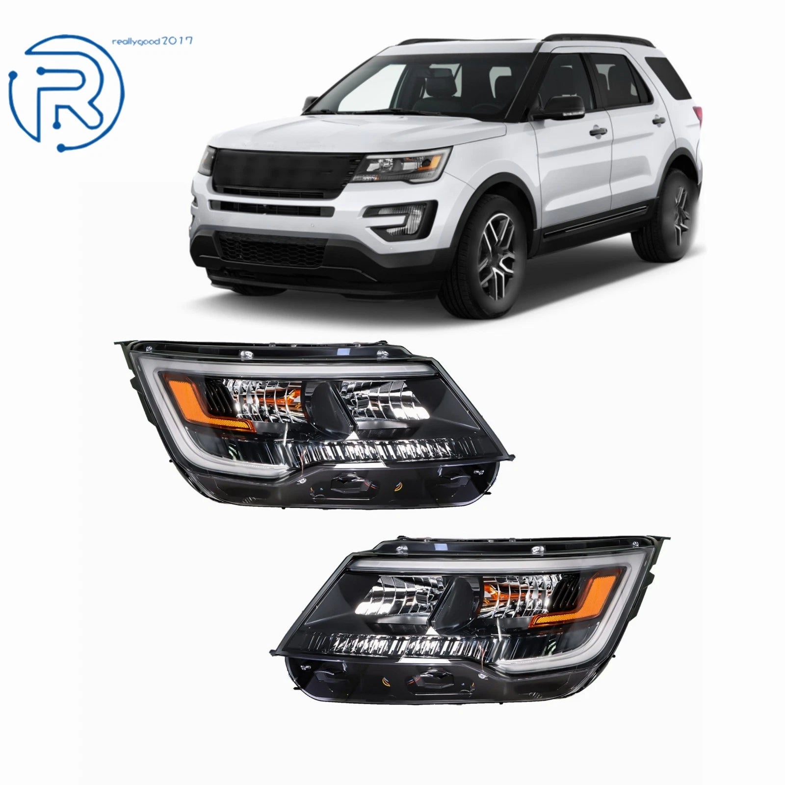 Pair of Black Halogen Headlights with LED DRL for Ford Explorer (2016–2019)
