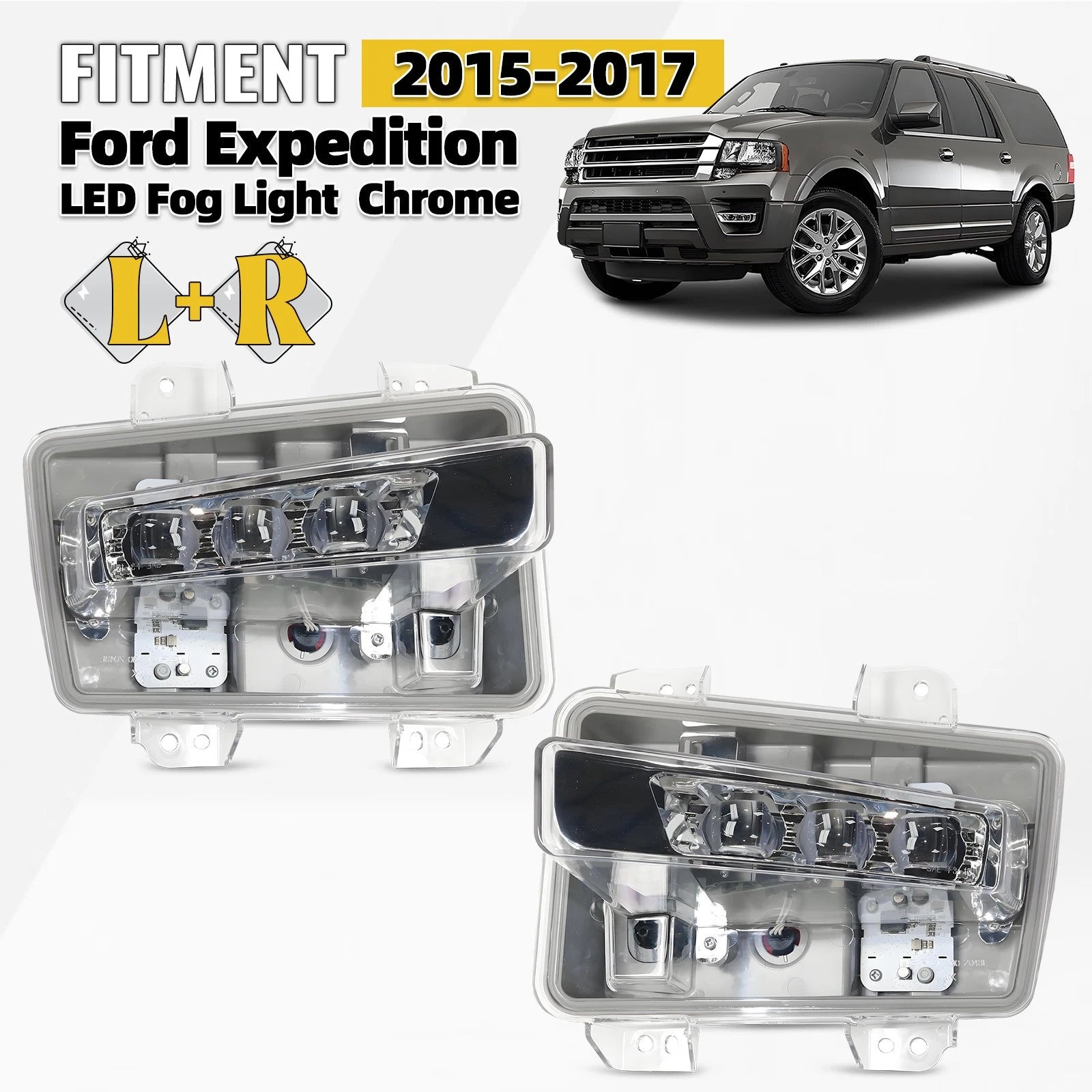 LED Fog Lights Pair for Ford Expedition (2015–2017) Chrome Right + Left