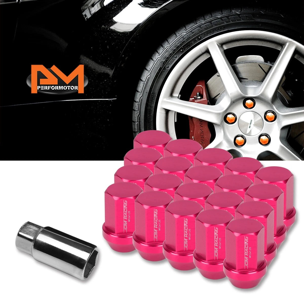 20Pc M12X1.25 Pink JDM Closed End Acorn Hex Wheel Lug Nuts + Extension 25mmx35mm